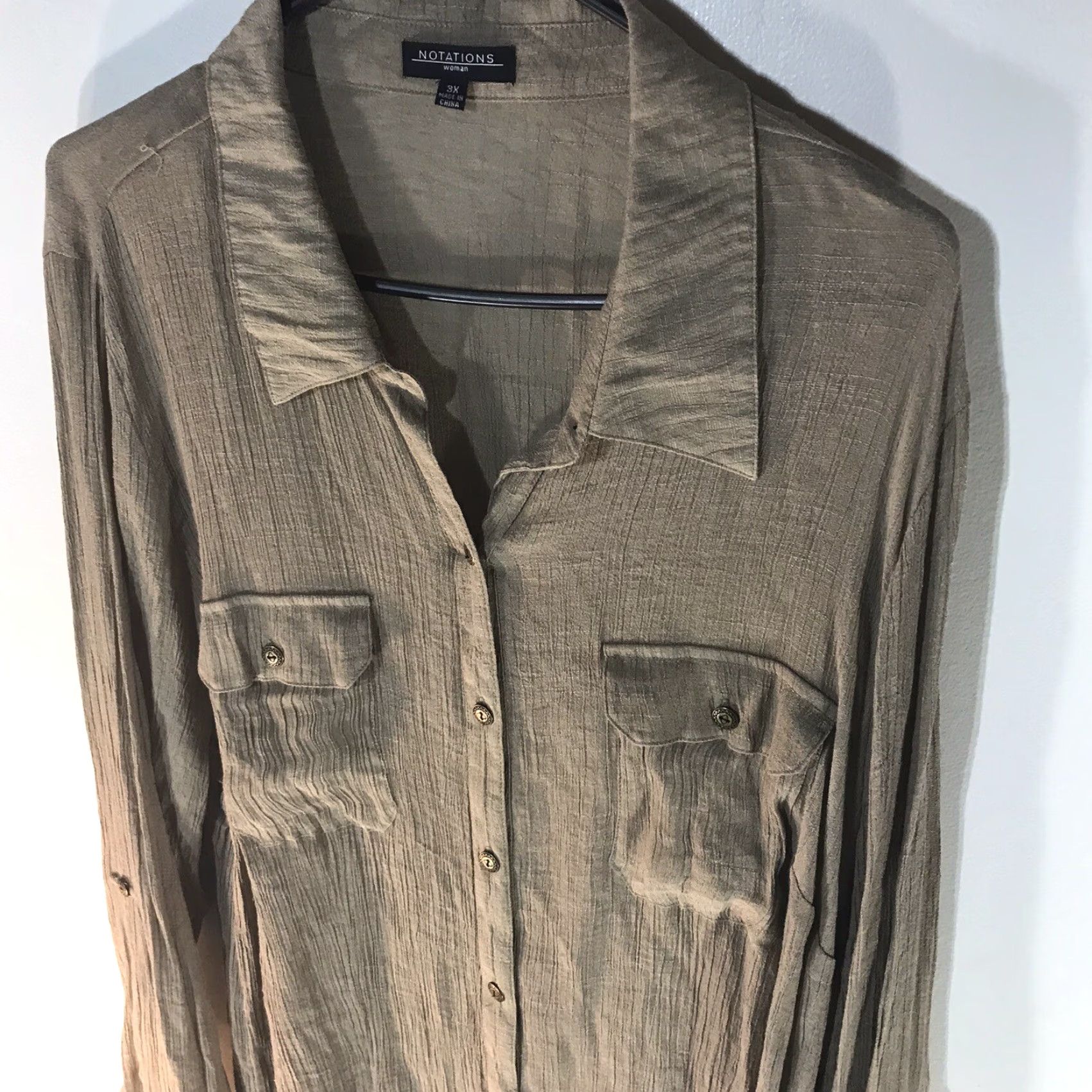 Vintage VINTAGE Notations Taupe Women's Button Up Shirt Long Sleeve Roll Tab Sheer Casual Workwear Size 3X Size XXL / US 16-18 / IT 52-54 - 3 Thumbnail