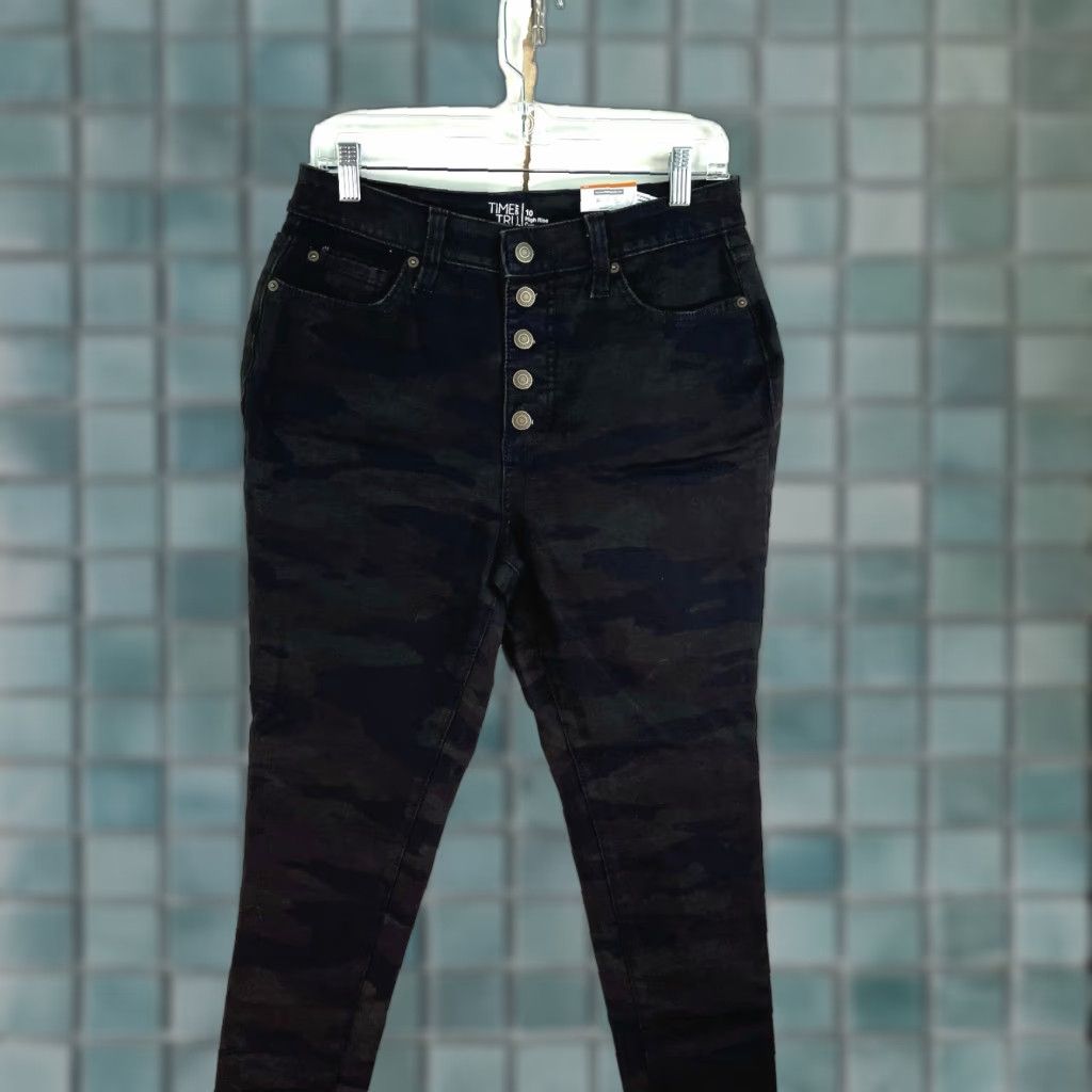 Vintage Time & Tru Jeans Womens High Rise Curvy Button Fly Camo Denim 10 31X29 Vintage No 90s Army Camouflage Pockets Stretch Dark Wash Size 32" / US 10 / IT 46 - 1 Thumbnail