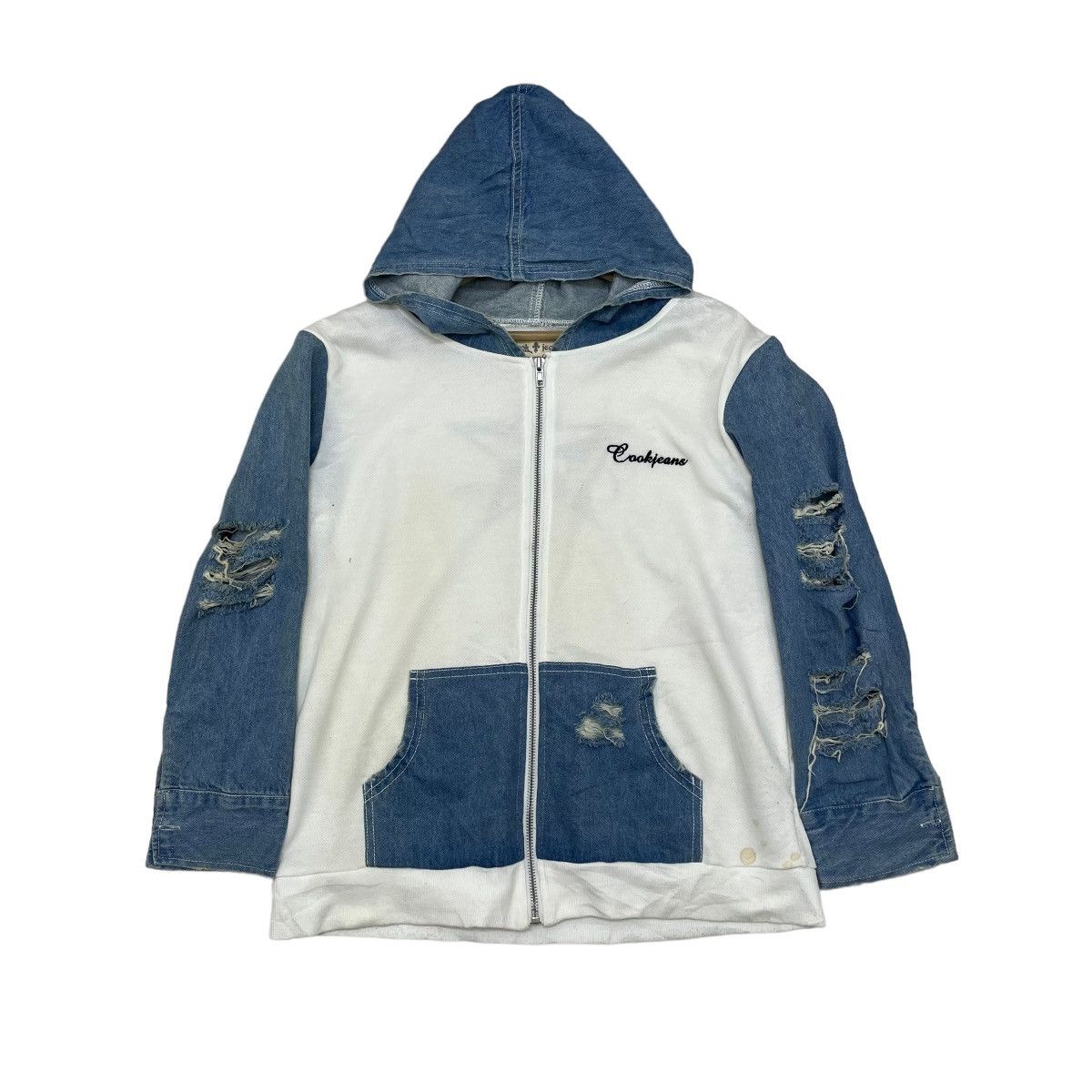 image of 14Th Addiction x American College Lookjeans Distressed Hoody Jacket in Navy (Size Medium)