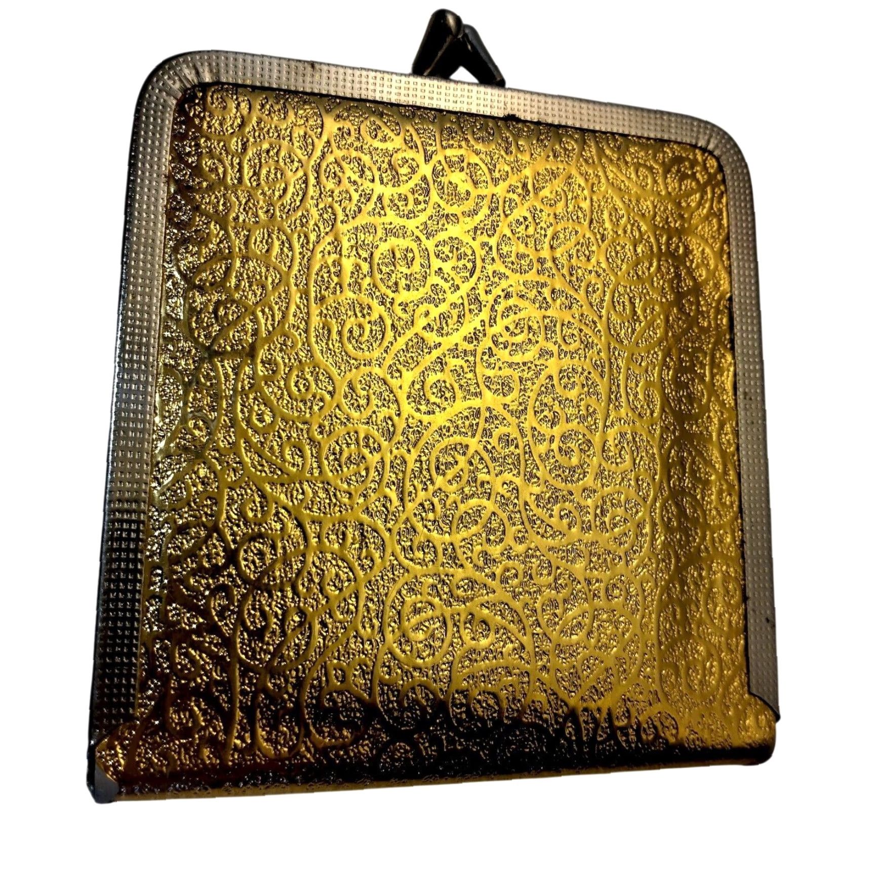 Vintage VINTAGE Mod Purse Mirror Gold Lame Swirl Kiss Lock Double Sided Compact READ Size ONE SIZE - 5 Thumbnail