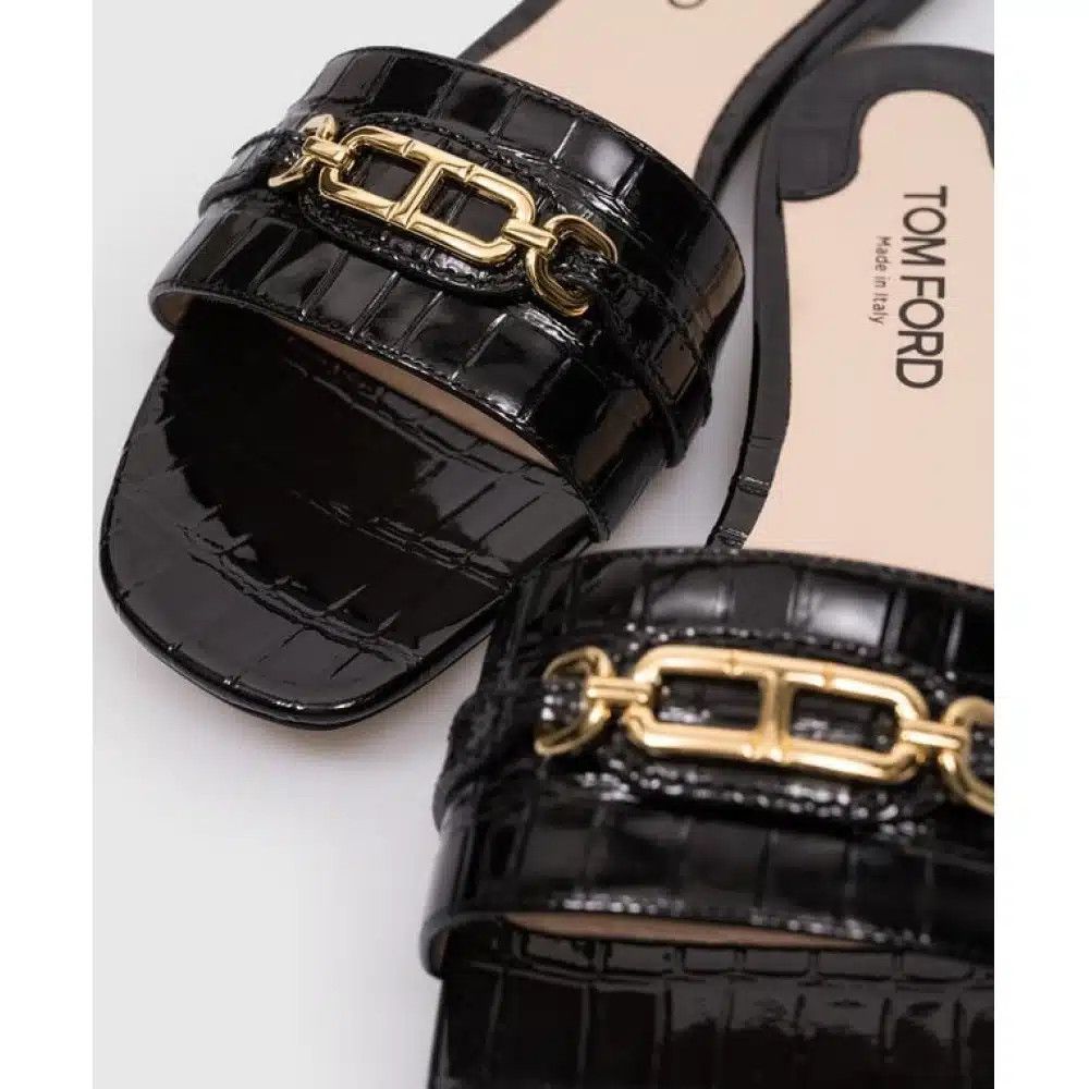 Tom Ford o1loc1c0225 W3526 Croco Effect Leather Slides in Black Size US 6 / IT 36 - 2 Thumbnail