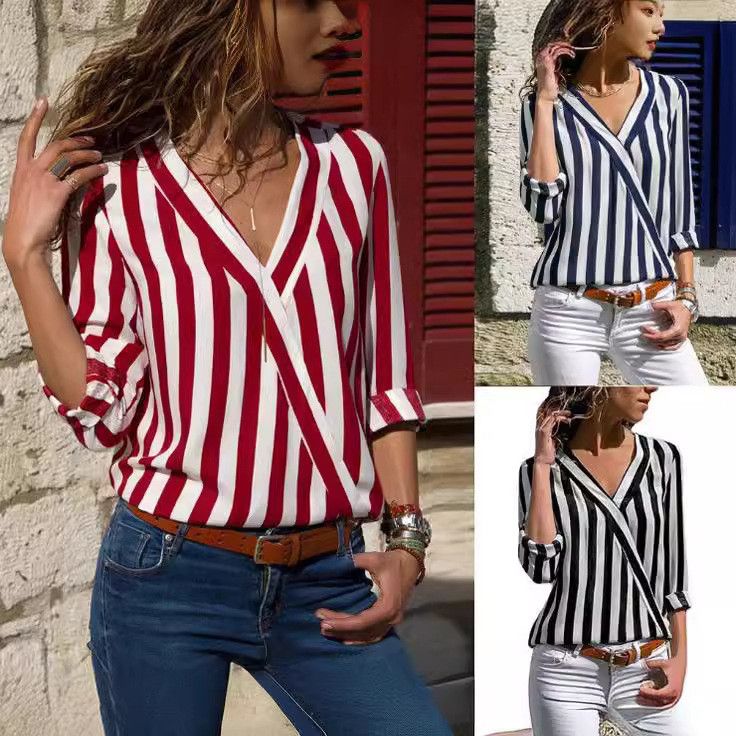 image of Vintage Stylish V-Neck Striped Shirt in Black, Women's (Size Medium)