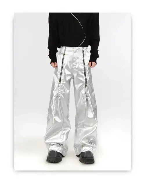 Jean Silver Pu Leather Pants with Many Zippers Trousers Size US 34 / EU 50 - 3 Thumbnail