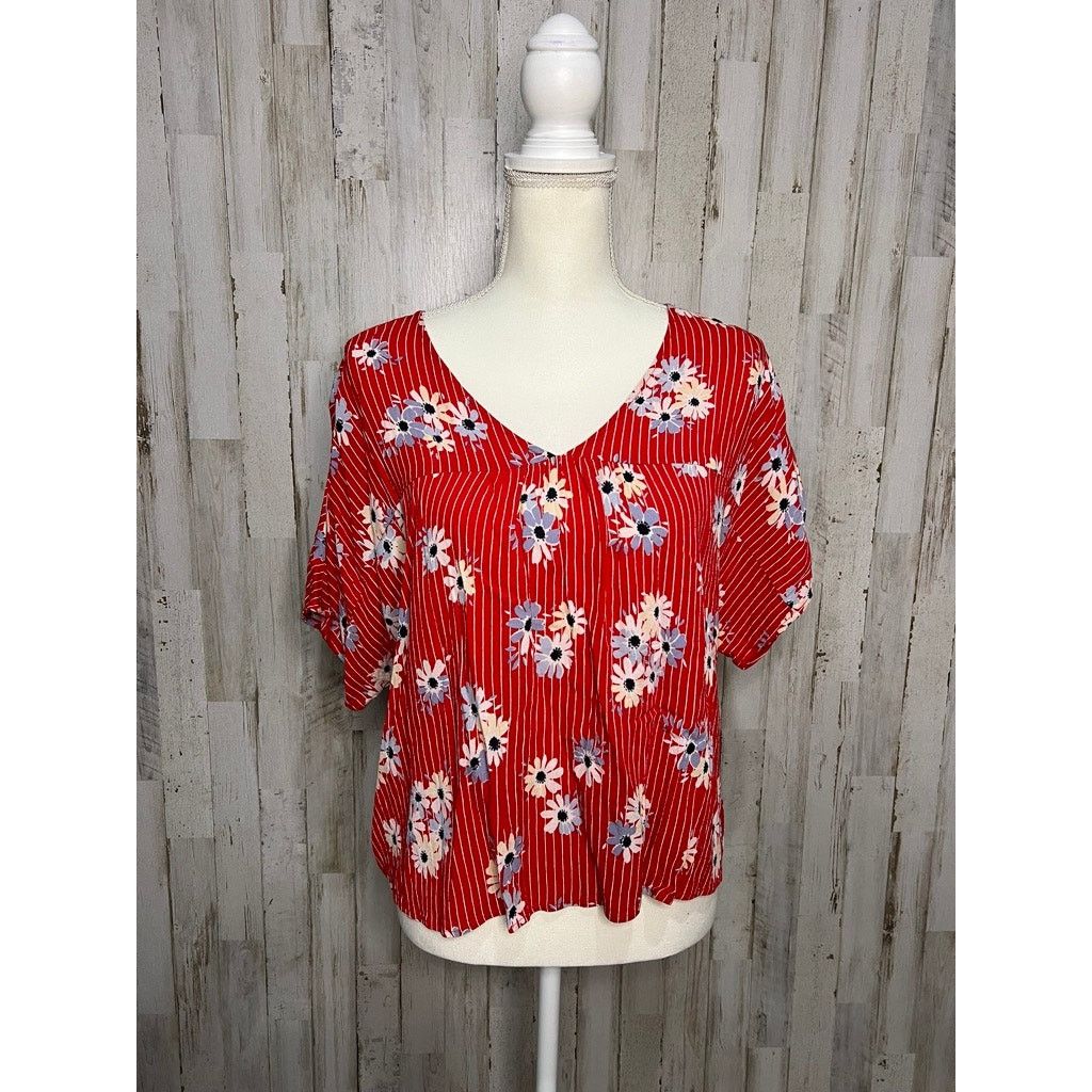 Madewell Madewell Women's Large Floral Cropped Blouse Red V-Neck Size L / US 10 / IT 46 - 1 Thumbnail