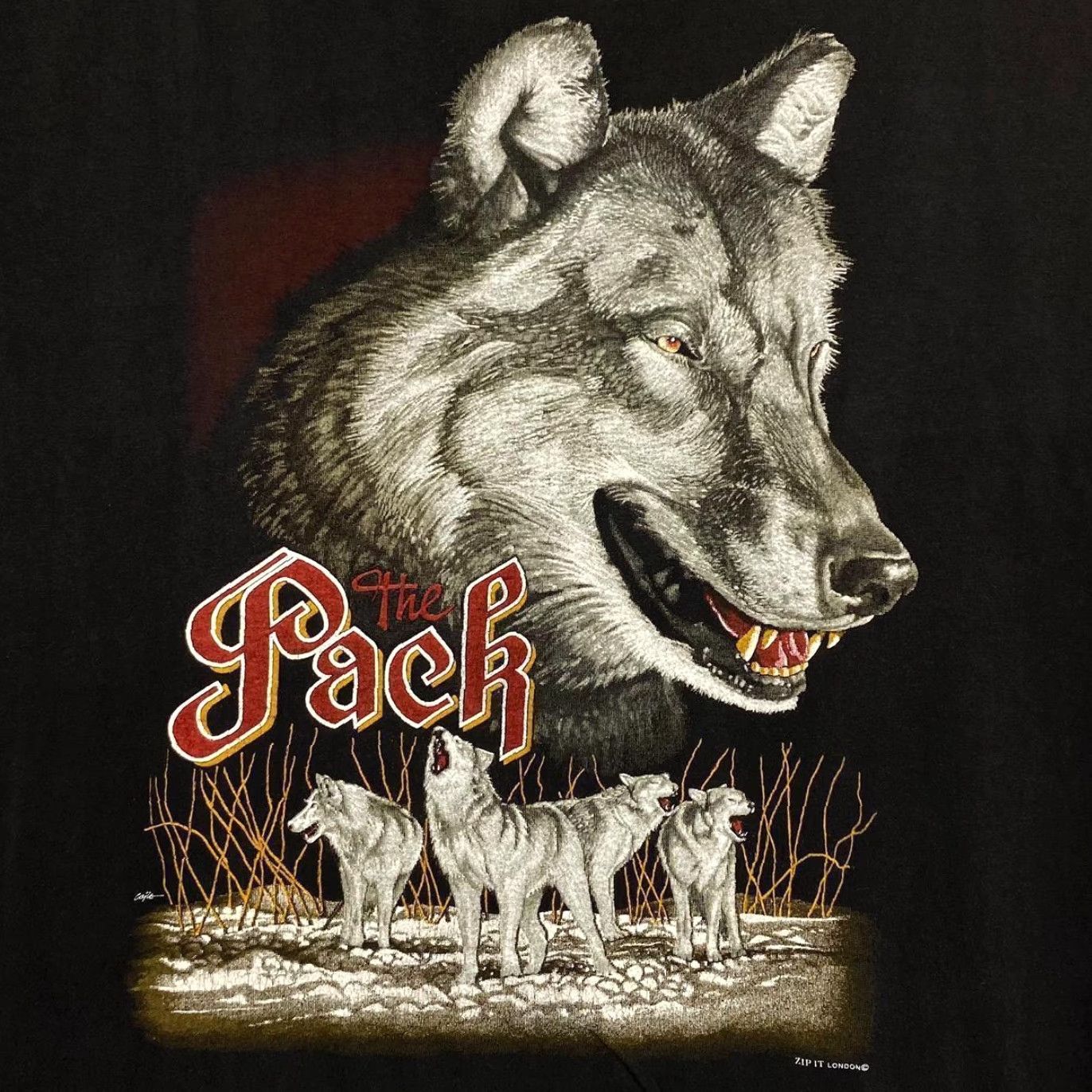 Vintage Vintage Zip It London “The Pack” Wolf Animal Nature Wildlife Graphic T-Shirt Large XL Black Mens Regular Short Sleeve Cotton Size US L / EU 52-54 / 3 - 3 Thumbnail