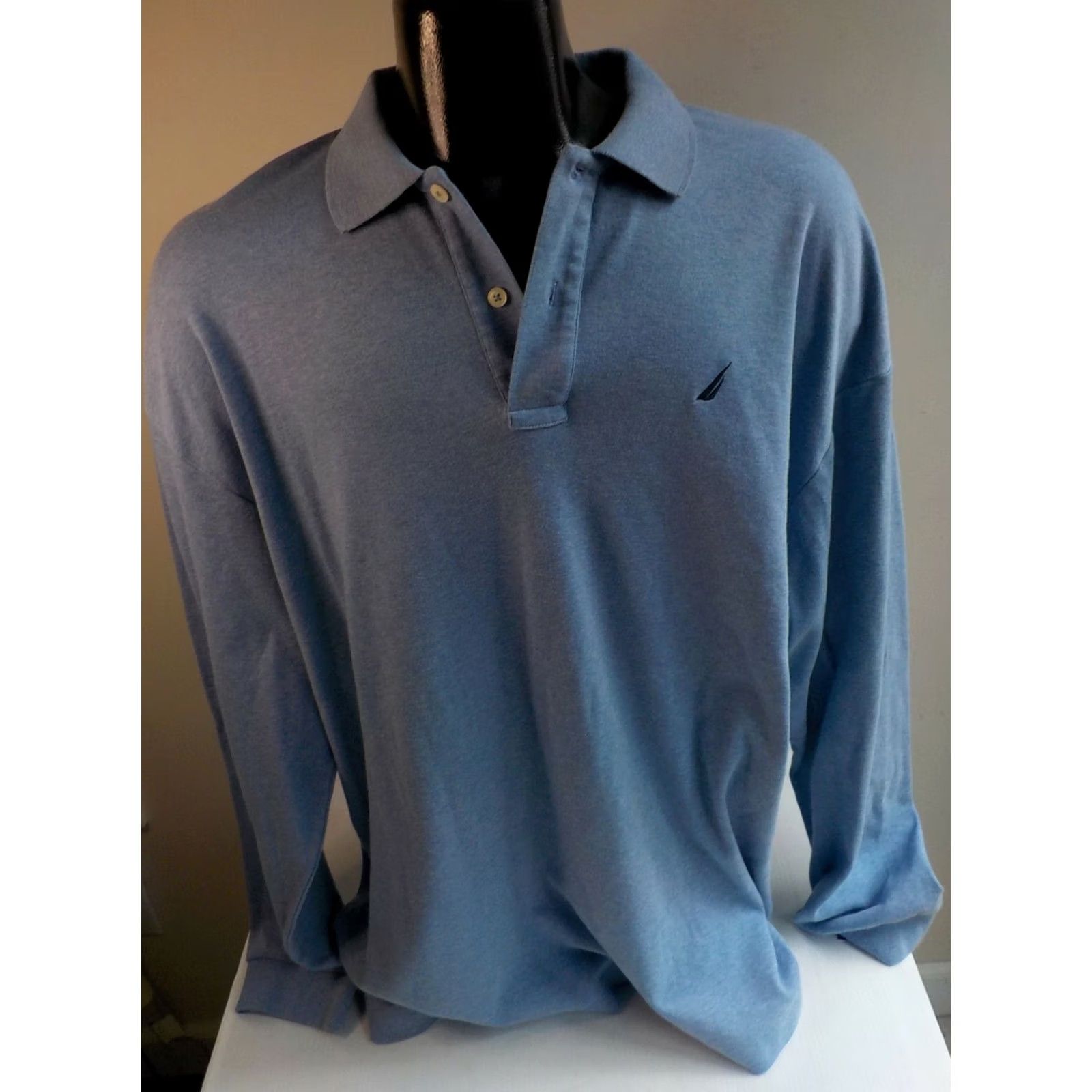 Nautica NAUTICA Long Sleeve Solid Polo Shirt Light Blue 100% Cotton XXL Mens Polo Shirt Navy Logo Size US XXL / EU 58 / 5 - 2 Thumbnail