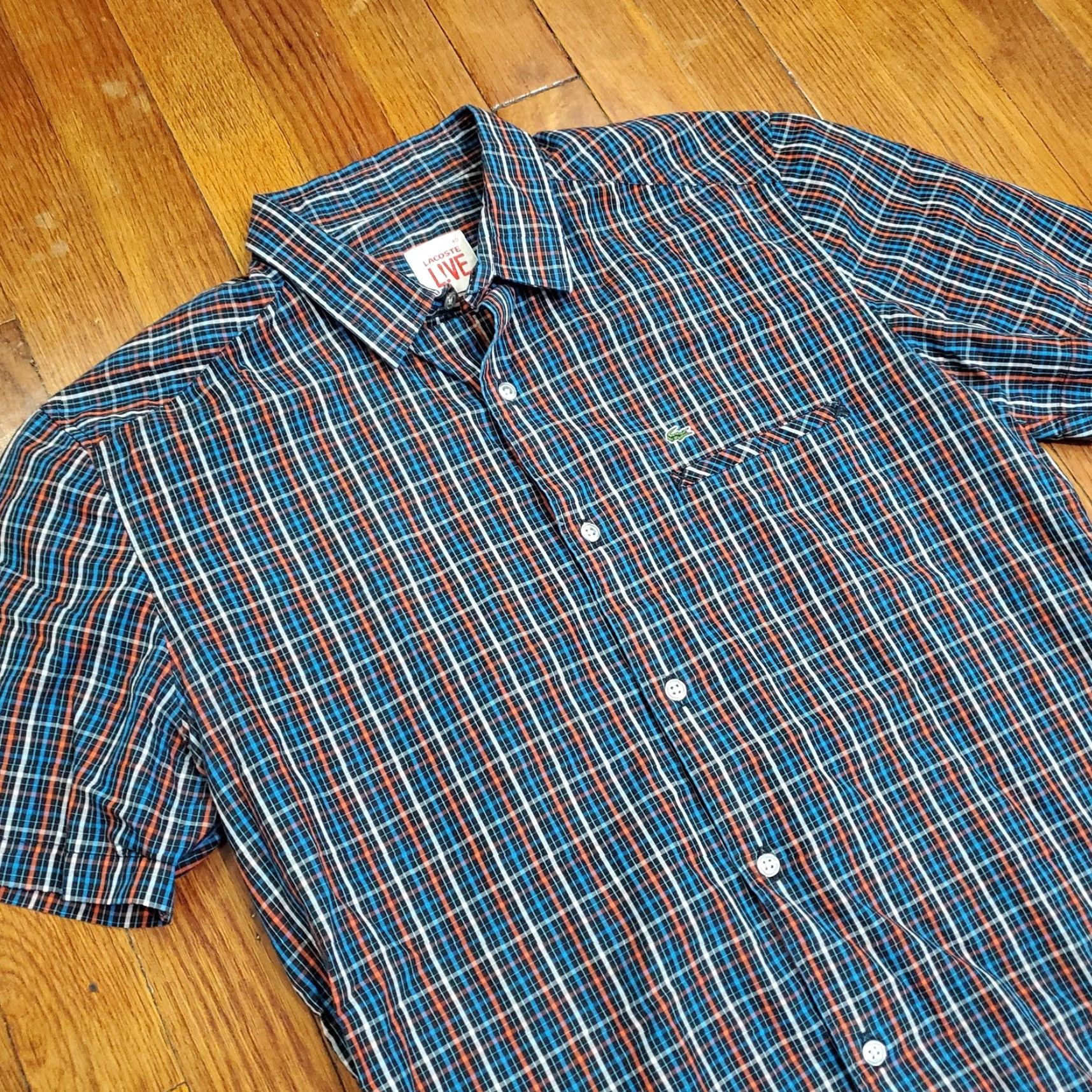 Lacoste Lacoste L!VE Shirt Mens 40 Blue Orange Plaid Short Sleeve Button Up Casual Size US L / EU 52-54 / 3 - 3 Thumbnail