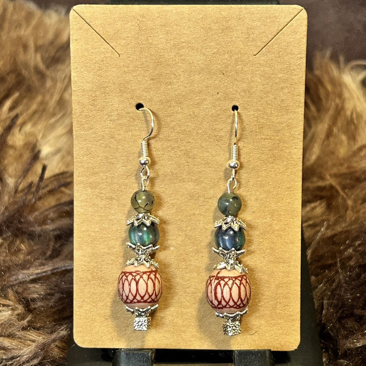 Handmade Handcrafted vintage bead dragon vein agate cat eye earrings Size ONE SIZE - 2 Thumbnail