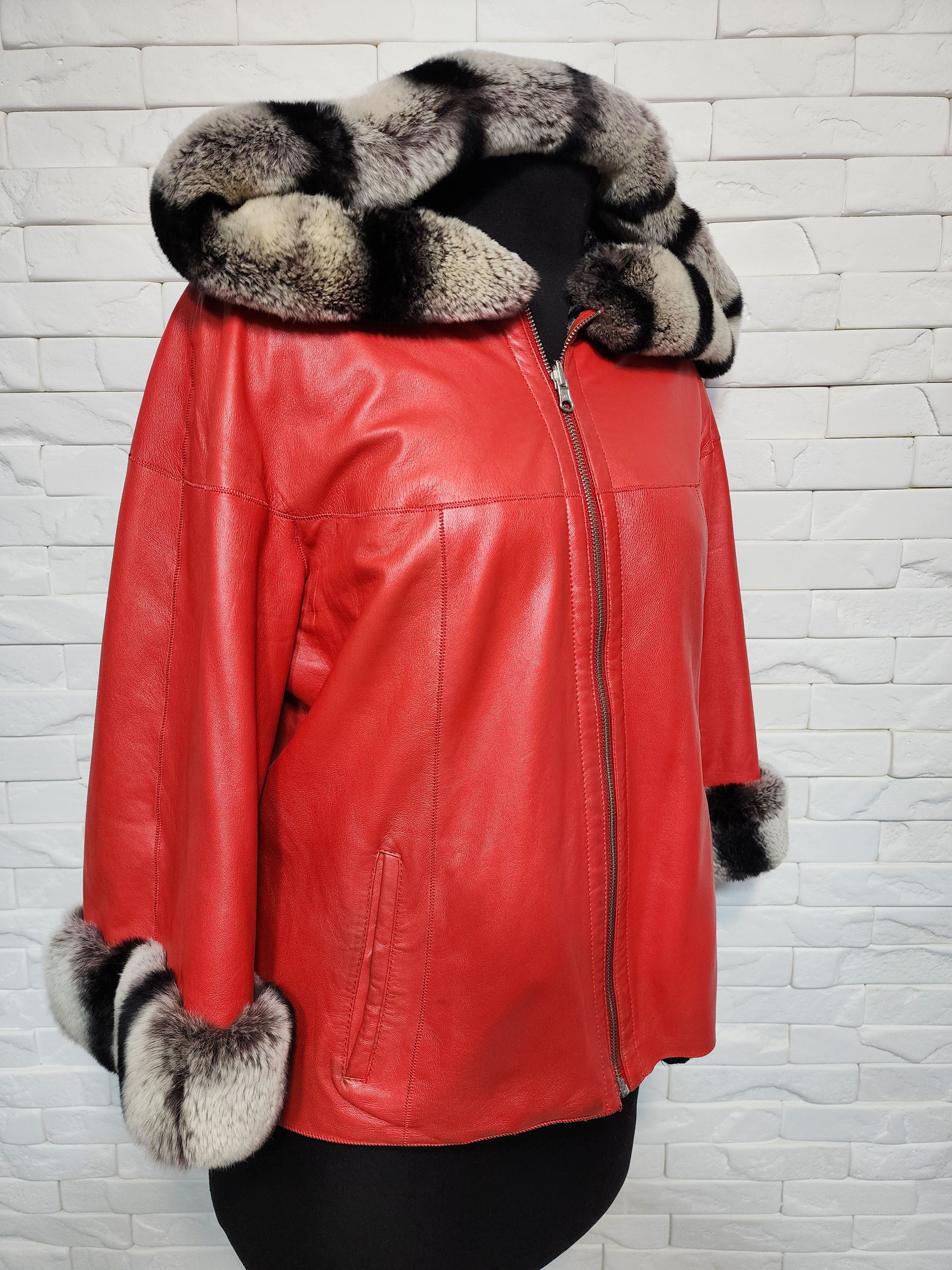 Designer Double-sided women's leather jacket with a hood. Size XL / US 12-14 / IT 48-50 - 2 Thumbnail