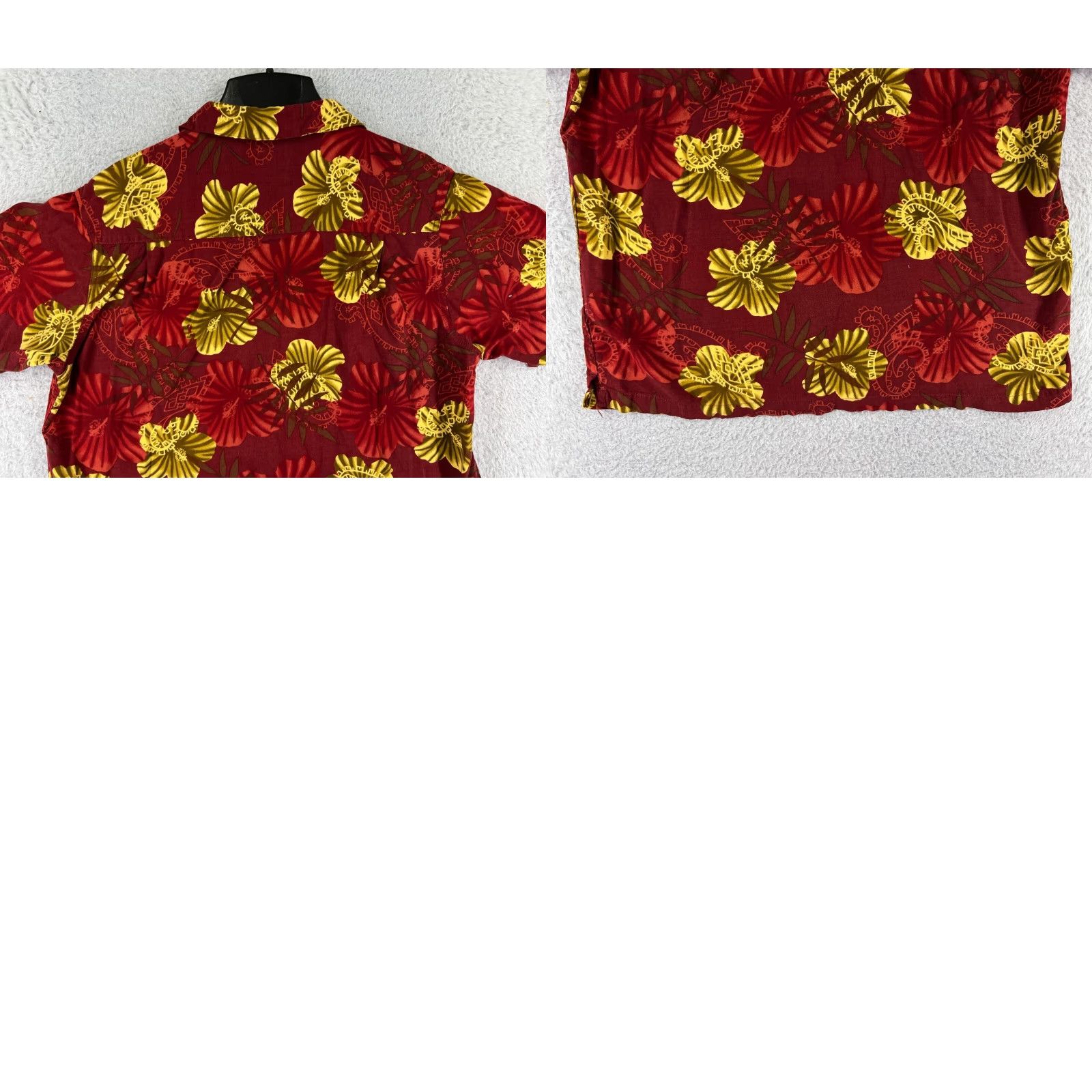 Haggar Haggar Mens Red Floral Hawaiian Hibiscus Tribal Print 100% Rayon Shirt Large Button-Up Casual Resort Luau Aloha 90s Womens? Size US L / EU 52-54 / 3 - 9 Thumbnail