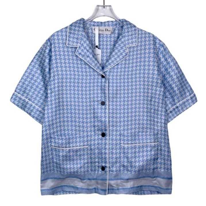 Dior Blue Pinstripe Collar Silk Short-Sleeve Shirt - Size 42