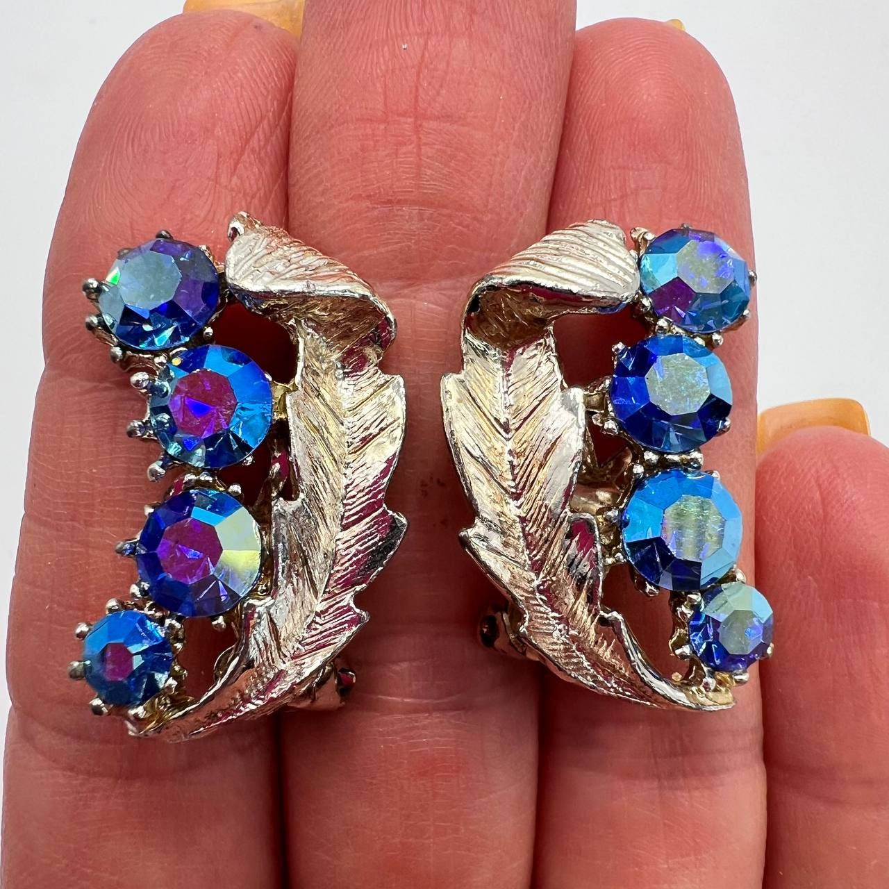 Vintage Vintage Clip On Earrings | Blue Aurora Borealis Rhinestones Size ONE SIZE - 1 Thumbnail