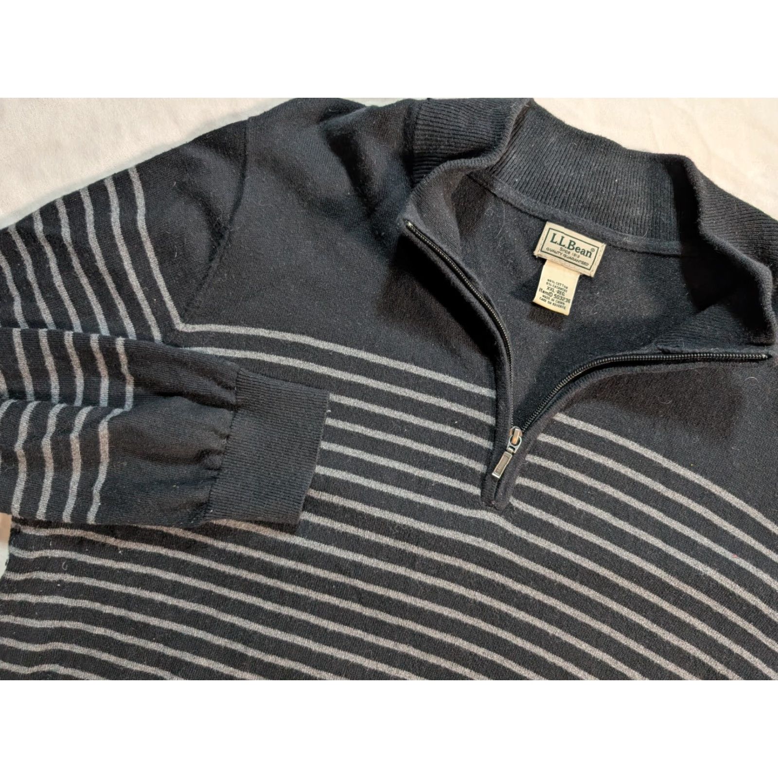 Vintage L.L. Bean Sweater Men 2XL Black Striped 1/4 Zip Cashmere Cotton Knit Mock Neck Mens Regular Big & Tall Fold Size US XXL / EU 58 / 5 - 2 Thumbnail