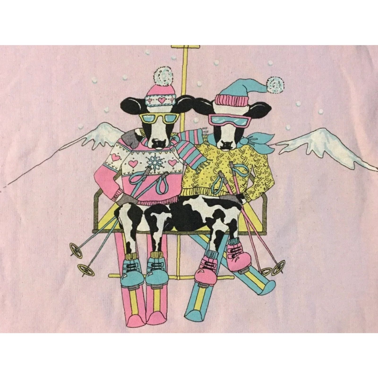 Vintage Vtg 80s Ski Cows Faded Crop Sweatshirt M Boxy Cartoon Funny Animal Grunge 90s Size M / US 6-8 / IT 42-44 - 2 Thumbnail