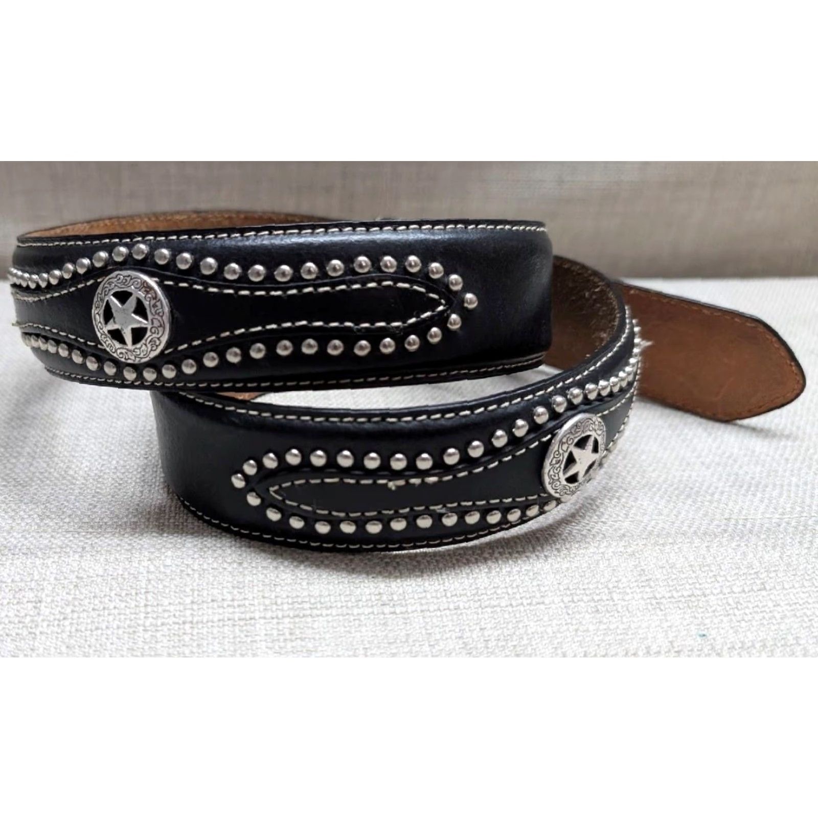 Vintage VINTAGE Nocona belt western Studded leather belt 38 Texas Lonestar Concho Buckle Matted Black Mens Belt Size 38 - 3 Thumbnail