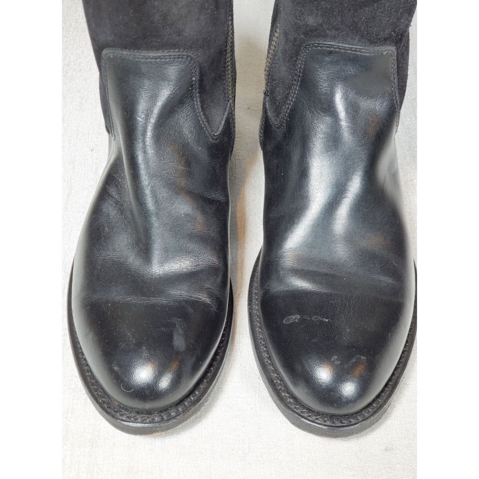 Frye FRYE Jayden Button Black Leather and Suede Tall Riding Boots Women's US 6 B Shaft 15 3/4" Calf Runs Narrow Leather Lined Block Heel 1 1/4" Size US 6 / IT 36 - 7 Thumbnail