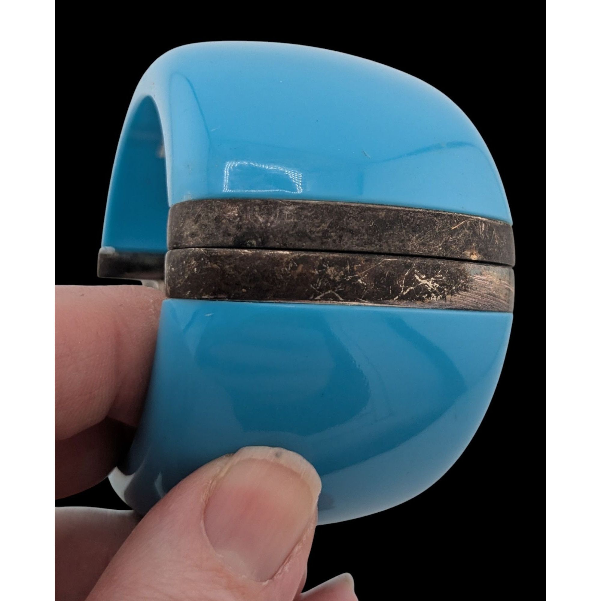 Other Blue Hinged Resin Bangle Bracelet With Antiqued Metal Accent Size ONE SIZE - 3 Thumbnail