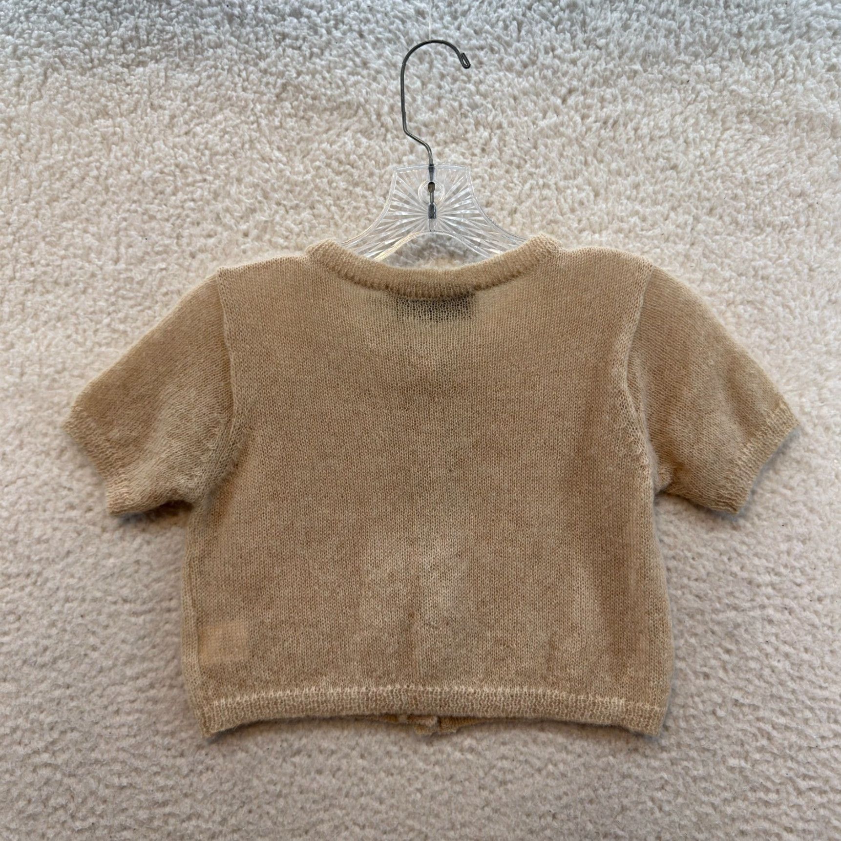Vintage Glowny Spooning Crop Cardigan Top Beige Knit Short Sleeve Round Neck Women XS S Beige Basic Minimalist Korea US Size S / US 4 / IT 40 - 2 Thumbnail