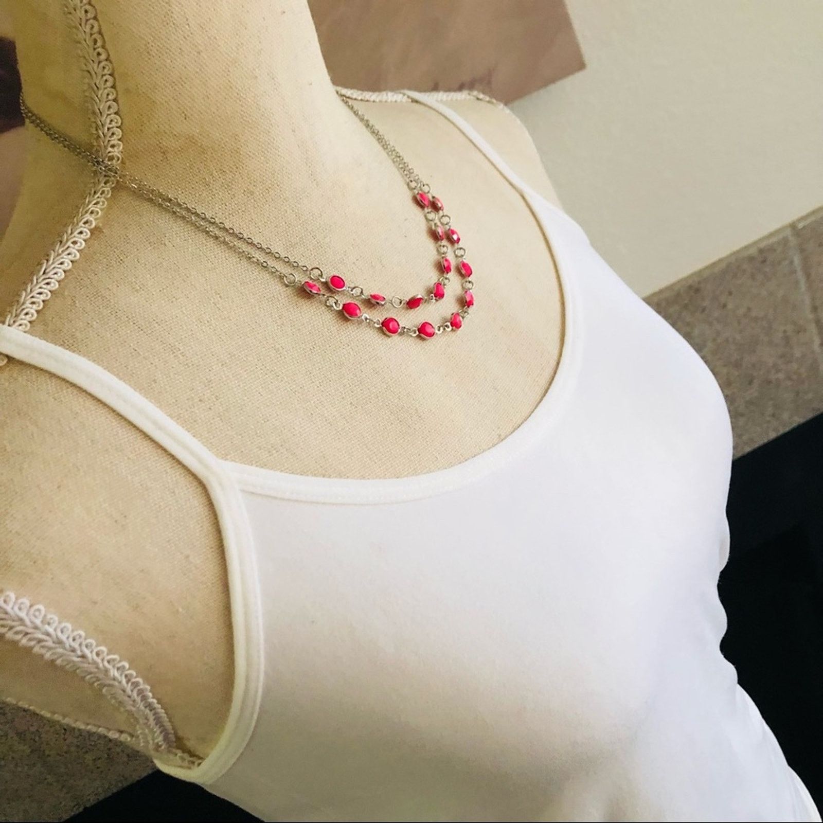 Jewelry Double strand layered framed pink gem chain necklace Size ONE SIZE - 2 Thumbnail