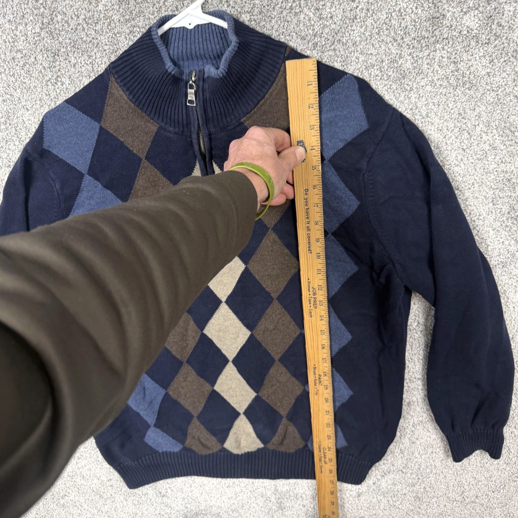 Vintage Bass Men Sweater L Blue Brown Argyle 1/4 Zip Mock Neck Pullover Knit Cotton Dark Academia Navy 90s Preppy casual Mens Size US L / EU 52-54 / 3 - 2 Thumbnail