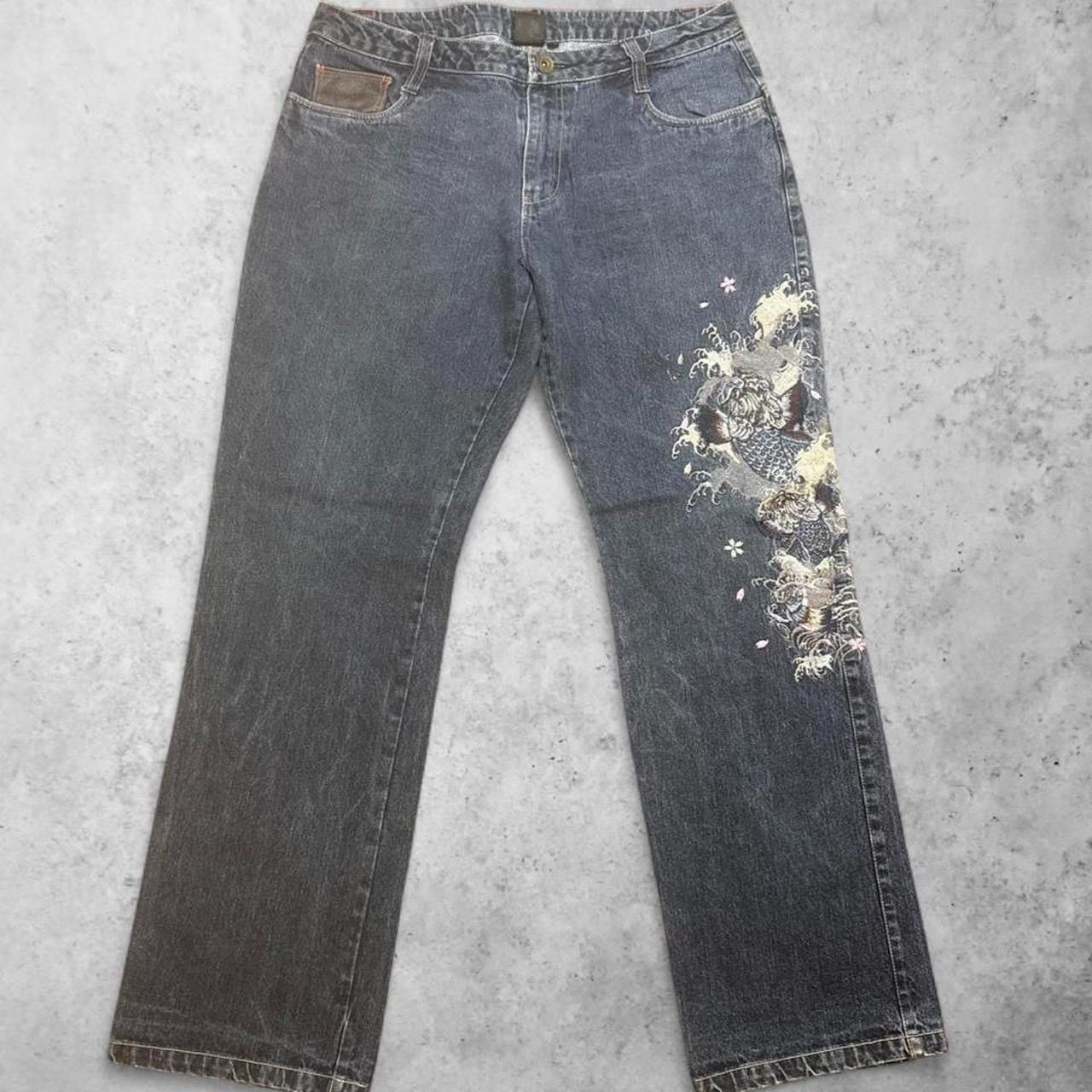 Other Y2K GUMU Koi Fish Embroidered Dark Wash Straight Leather pkt Size US 34 / EU 50 - 1 Thumbnail