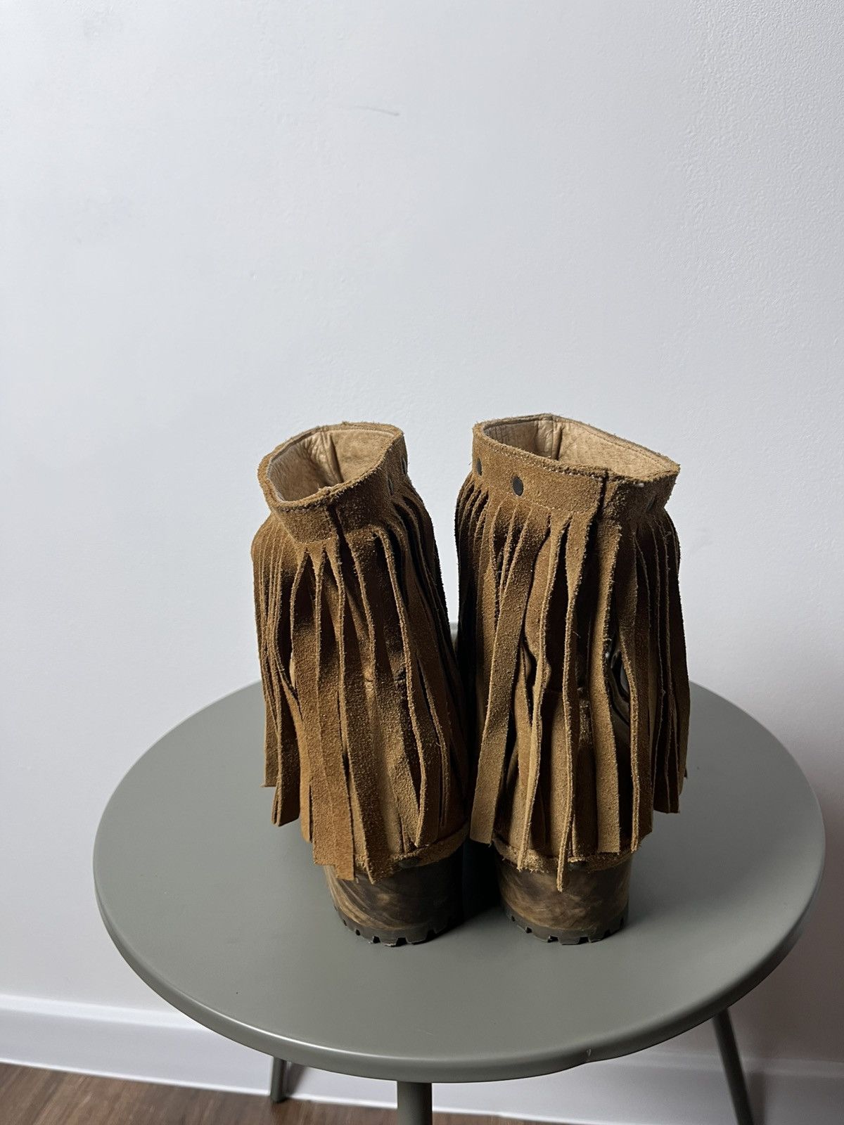 Cowboy Equipment × Vintage Western Fringe Suede Leather Boots with Wooden Platform Sole Size US 6 / IT 36 - 6 Thumbnail