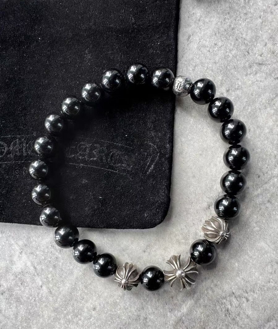 Chrome Hearts Obsidian Four Silver Beads Bracelet