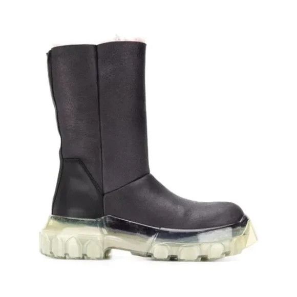 image of Rick Owens Shearling Mega Bozo Tractor Chelsea Boots 41 8 in Black, Men's