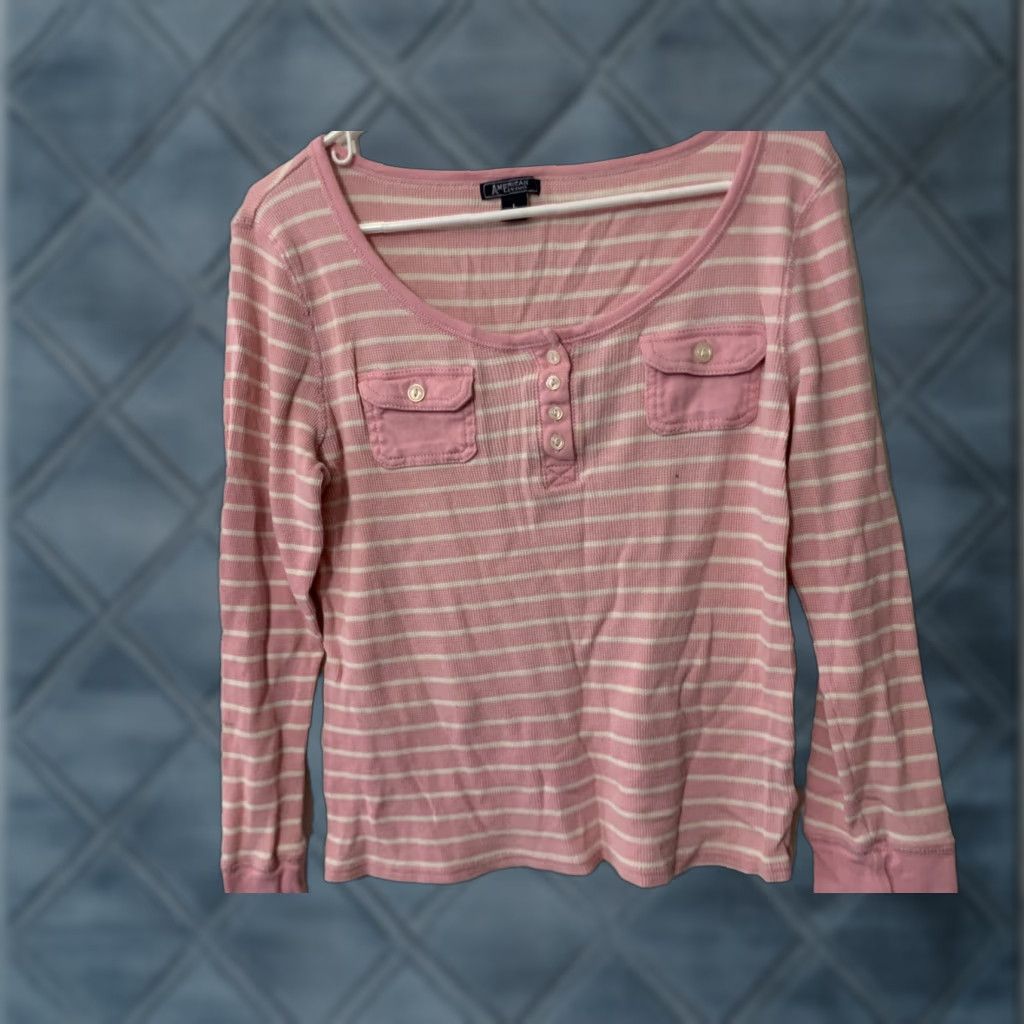 Vintage VINTAGE American Living Women Shirt L Pink White Striped Pocket Long Sleeve Henley Size L / US 10 / IT 46 - 1 Thumbnail