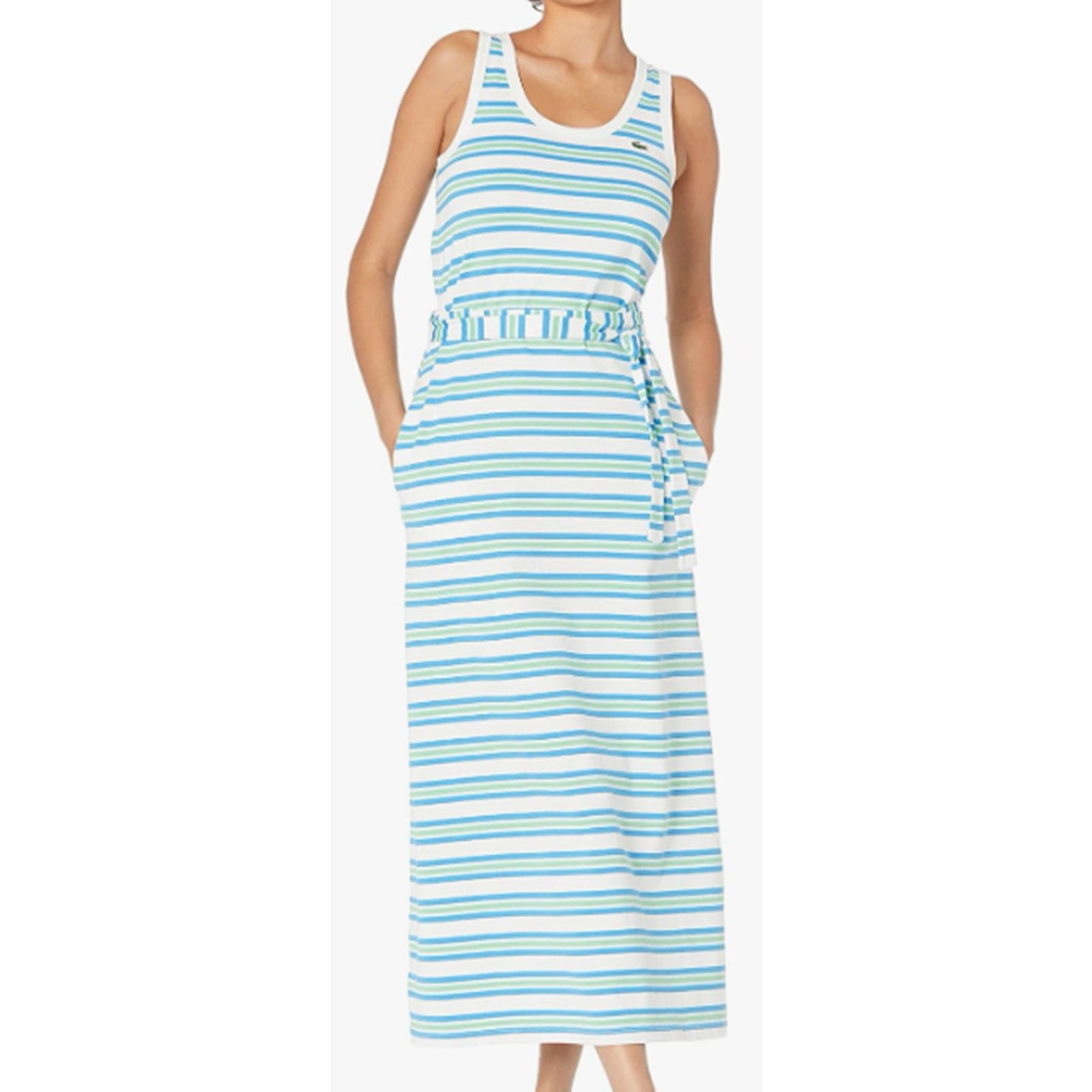 Lacoste Women's Sleeveless Striped Belt Maxi Dress Orange 10