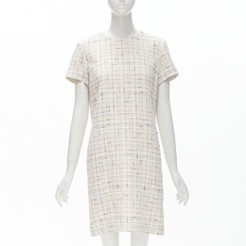 CHANEL light pink beige black check tweed short sleeve sheath dress FR38 M