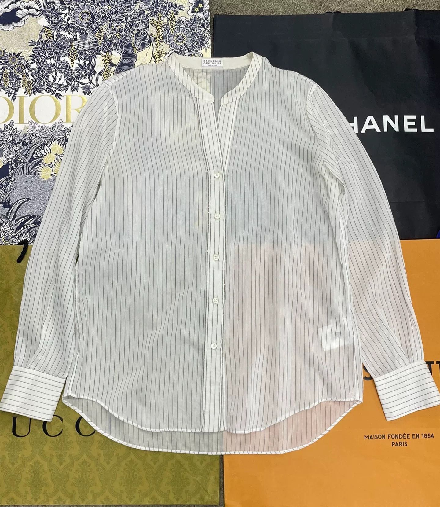 Brunello Cucinelli Brunello Cucinelli White Beaded Striped Shirt Size S / US 4 / IT 40 - 1 Thumbnail