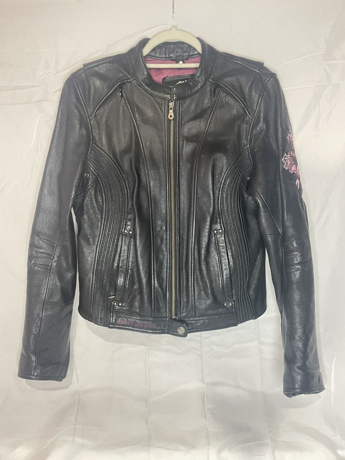 Harley Davidson 2007 Harley Davidson Roses Leather Biker Jacket Black + Pink Size US M / EU 48-50 / 2 - 1 Thumbnail