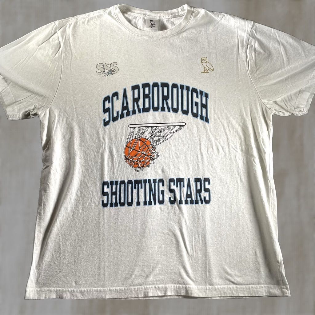 Vintage OVO Shirt Mens XL Scarborough Shooting Stars Limited Edition CEBL Drake Drake Logo Cotton T-Shirt White Short Sleeve Round Neck 2020s Size US XL / EU 56 / 4 - 1 Thumbnail
