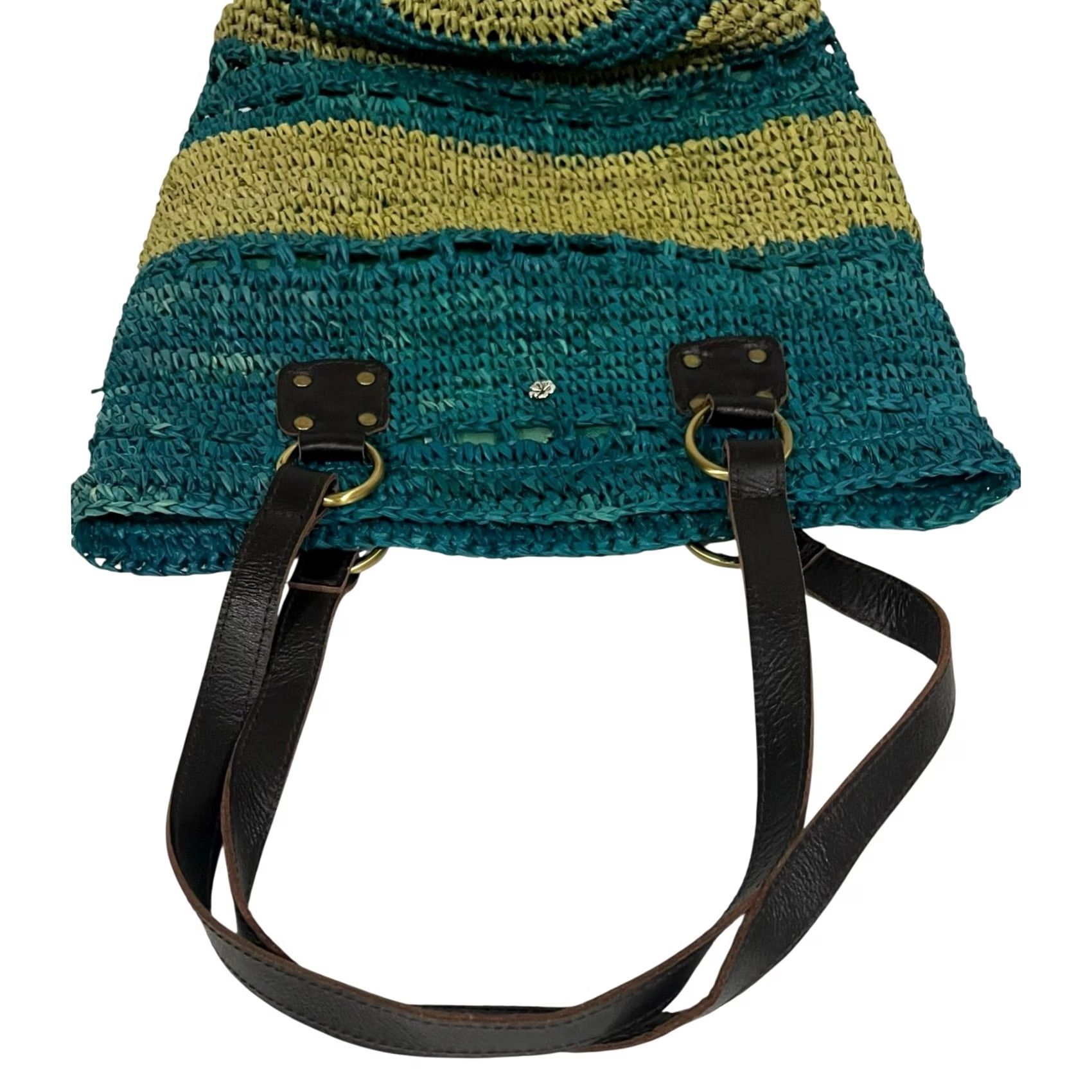 Vintage Flora Bella Raffia Straw Crochet Beach Market Bag Purse Tote Shoulder Bag Blue Leather Straps Women Size ONE SIZE - 5 Thumbnail