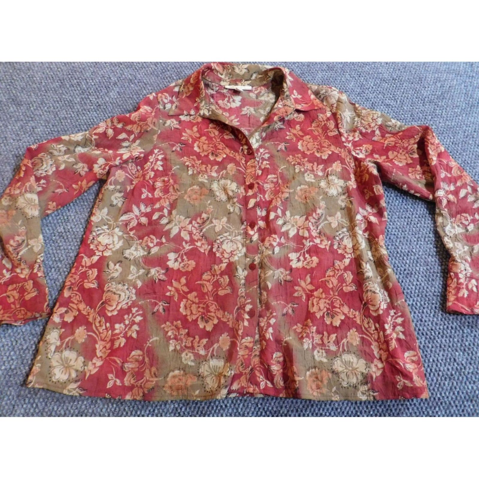 JM Collection JM Collection Button-Up Top Womens 16 Red Floral Long Sleeve Cap Sleeve Crew Neck Button-Up Casual Regular Fit Cotton Polyester Size XXL / US 16-18 / IT 52-54 - 2 Thumbnail
