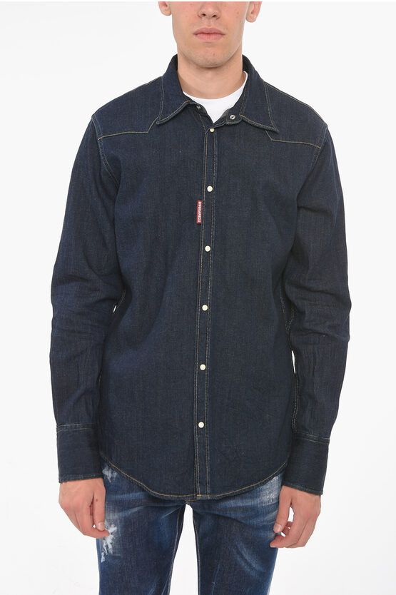 image of Dsquared2 Hemp-Blend Denim Western Shirt in Blue, Men's (Size Small)