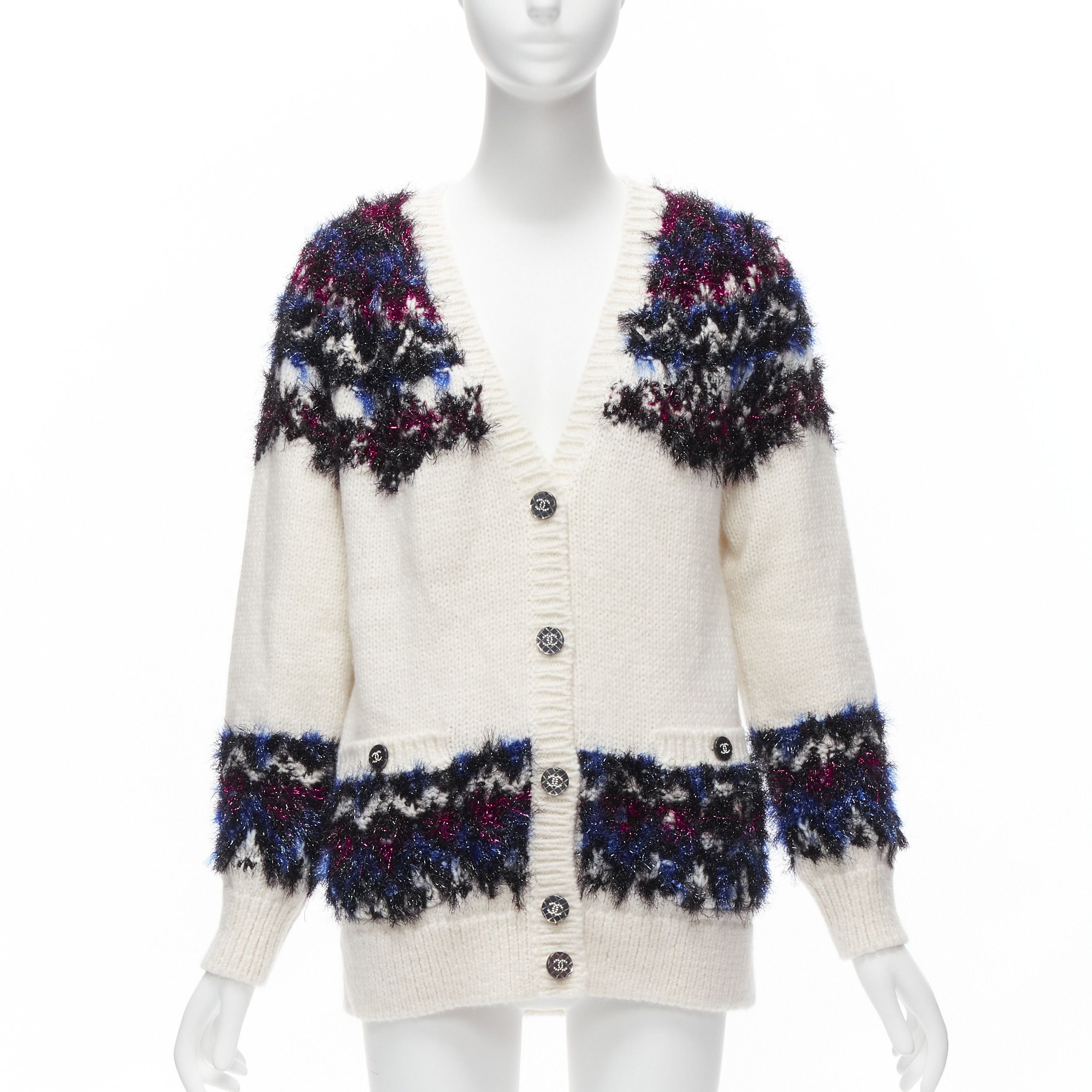 Chanel CHANEL pink blue fluffy lurex cream intarsia crystal CC button cardigan FR36 S Size S / US 4 / IT 40 - 1 Thumbnail