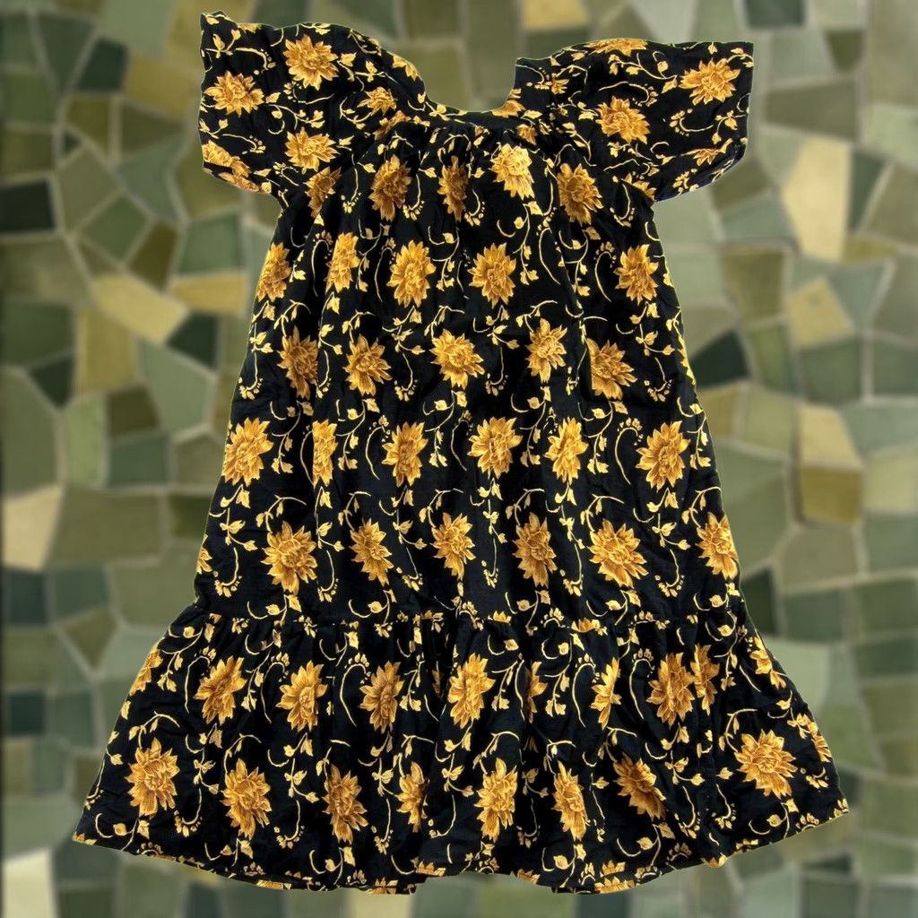Vintage Fundamentals Cotton Black Yellow Floral Short Sleeve Muumuu Dress S Size 28" / US 6 / IT 42 - 1 Thumbnail