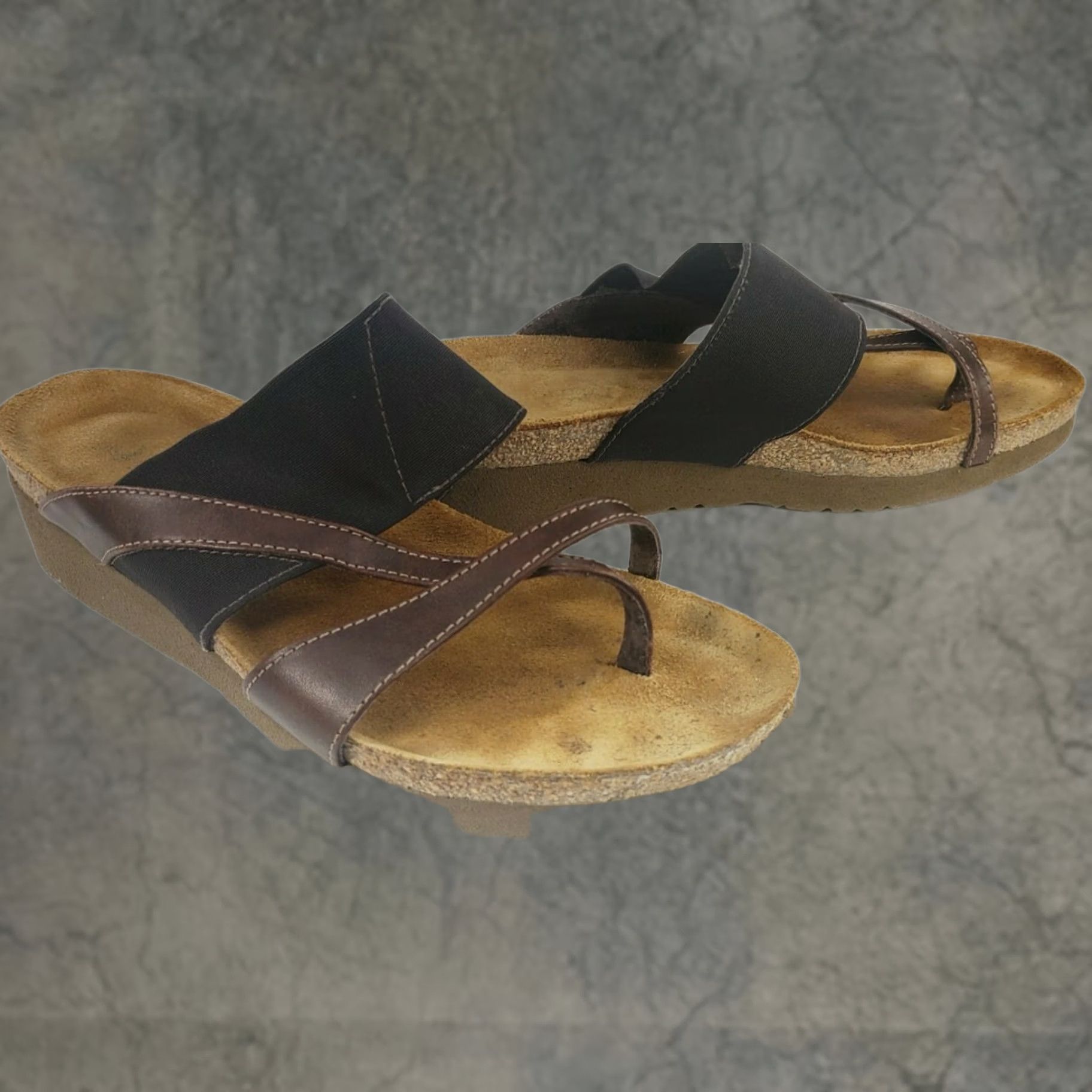 Vintage Naot Orion Brown Leather Fabric Elastic Thong Sandals Isreal Women’s 5M/36E EUC Size US 5 / IT 35 - 1 Thumbnail