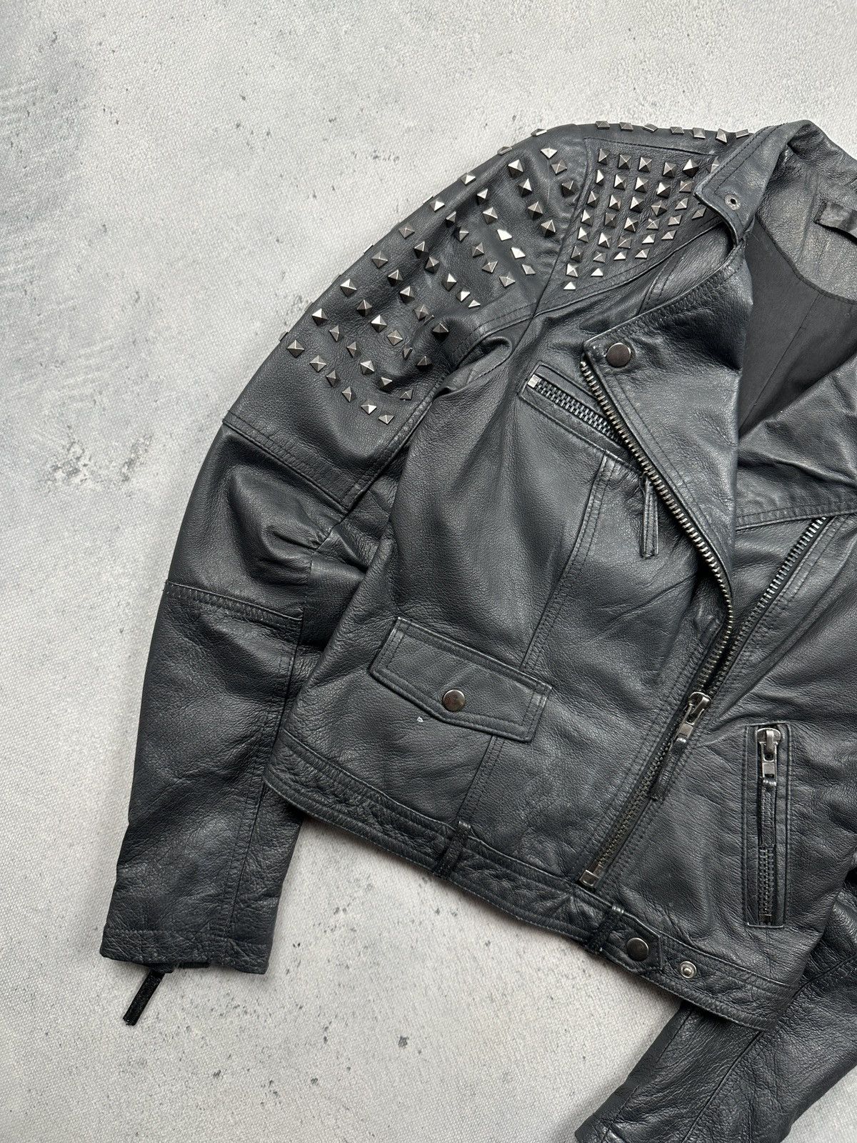 Genuine Leather Never Denim Studded Leather Biker Jacket Black Punk Moto Y2K Size S / US 4 / IT 40 - 6 Thumbnail