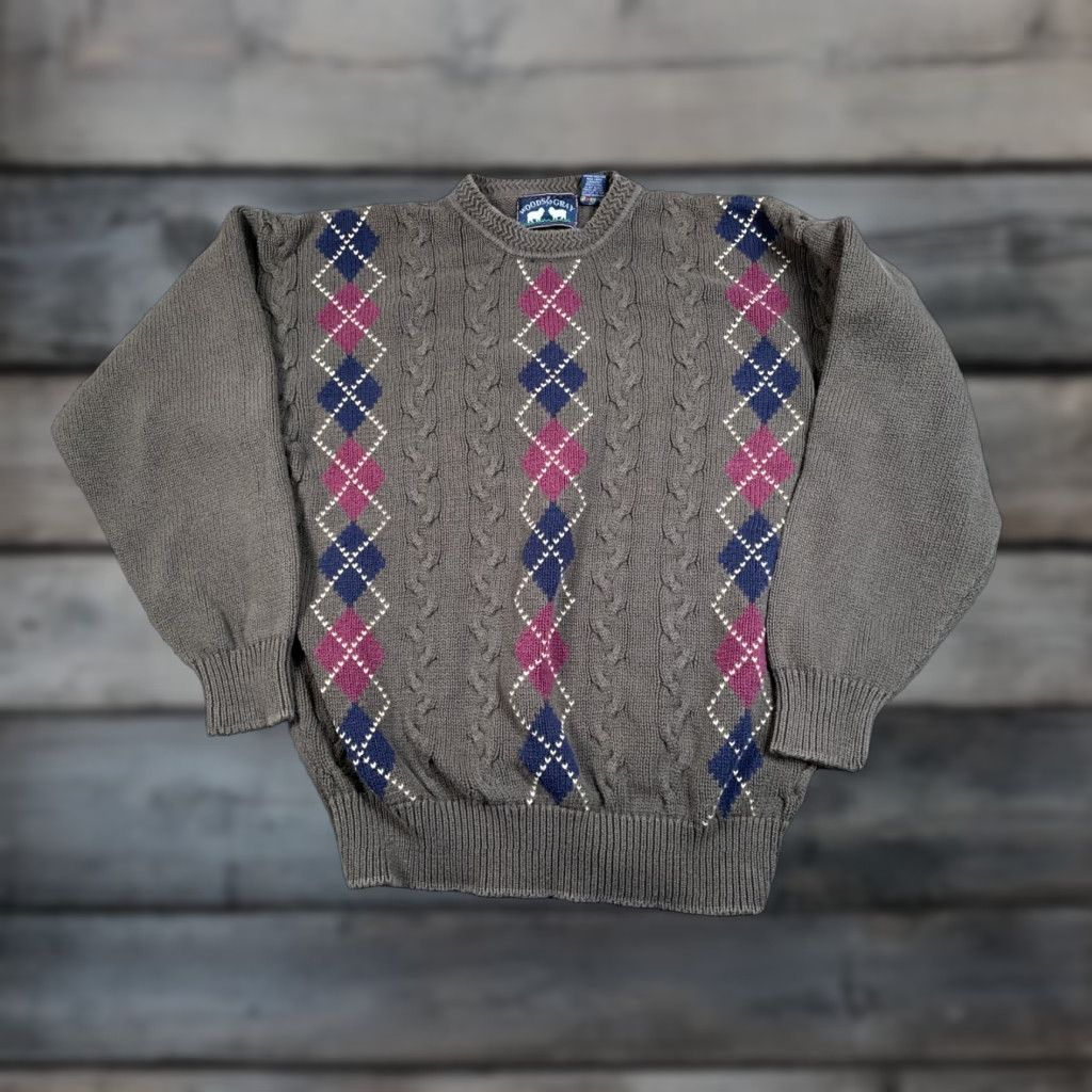 Olive VINTAGE Preppy Cable Knit Argyle Sweater Adult Medium Olive Green Cotton Mens Size US M / EU 48-50 / 2 - 1 Thumbnail