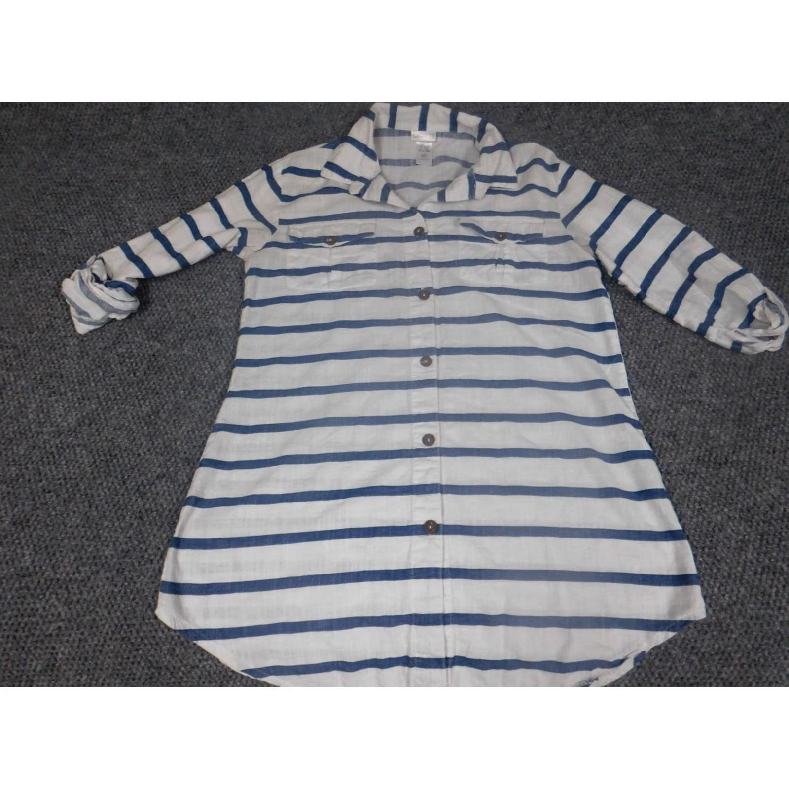 Vintage Dotti Blouse Shirt Womens Small Blue Striped Button Down Short Sleeve Casual Crew Neck Regular 100% Cotton Rayon Classic Breatherable Size S / US 4 / IT 40 - 2 Thumbnail