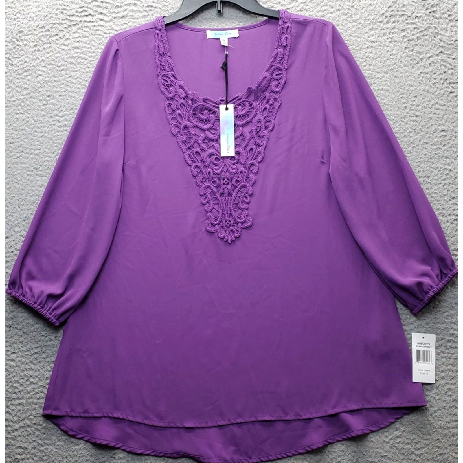 Vintage Indigo Rose Tunic Top Womens Size M Purple Balloon Sleeve Crochet Lace Scoop Neck Shirt Size M / US 6-8 / IT 42-44 - 2 Thumbnail