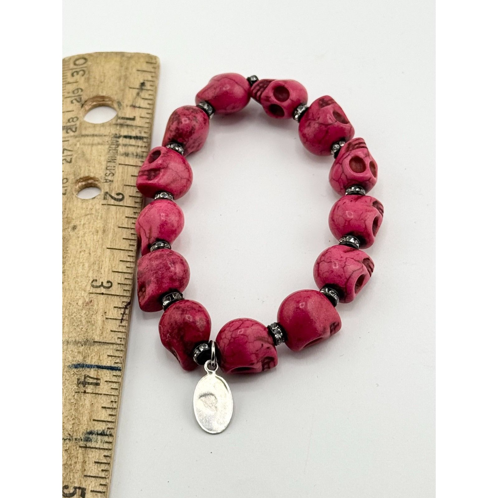Vintage Vintage Pink Howlite stone skull Halloween rhinestone stretc Size ONE SIZE - 4 Thumbnail