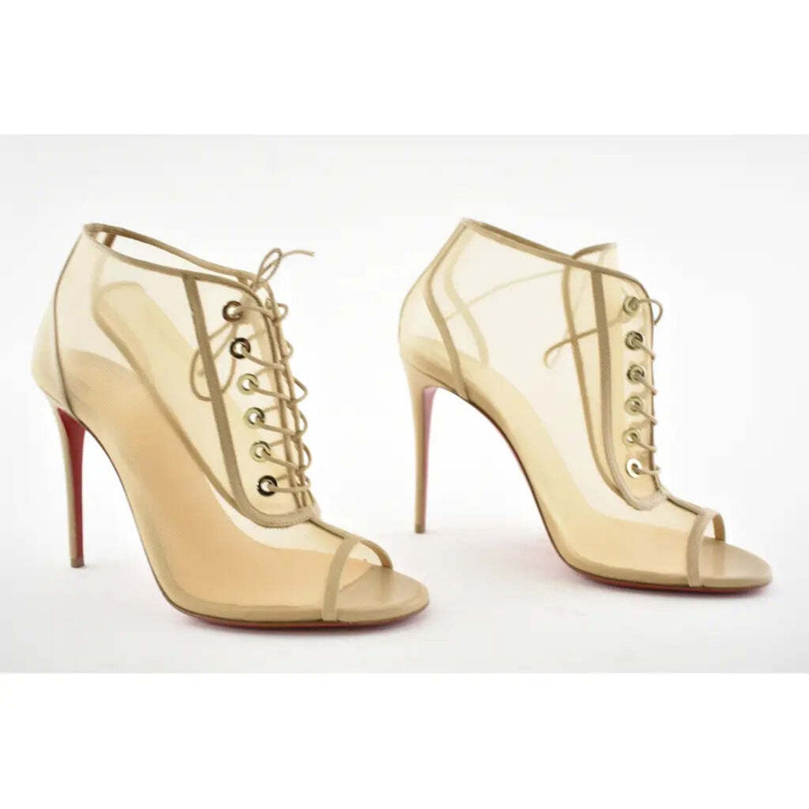 Christian Louboutin Open Ondessa 100 Nude Mesh Lace Up Tie Ankle Heel Bootie 40 Size US 10 / IT 40 - 4 Thumbnail