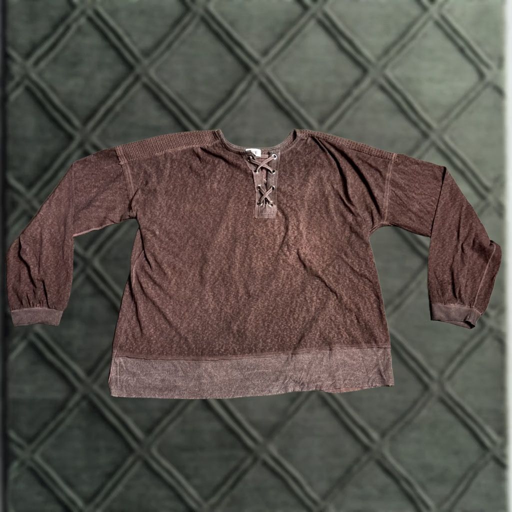 BKE BKE Blouse Shirt Long Sleeve L/S Top Knit V-Neck Lace-Up Textured Accents Brown 2XL Women Size XXL / US 16-18 / IT 52-54 - 1 Thumbnail