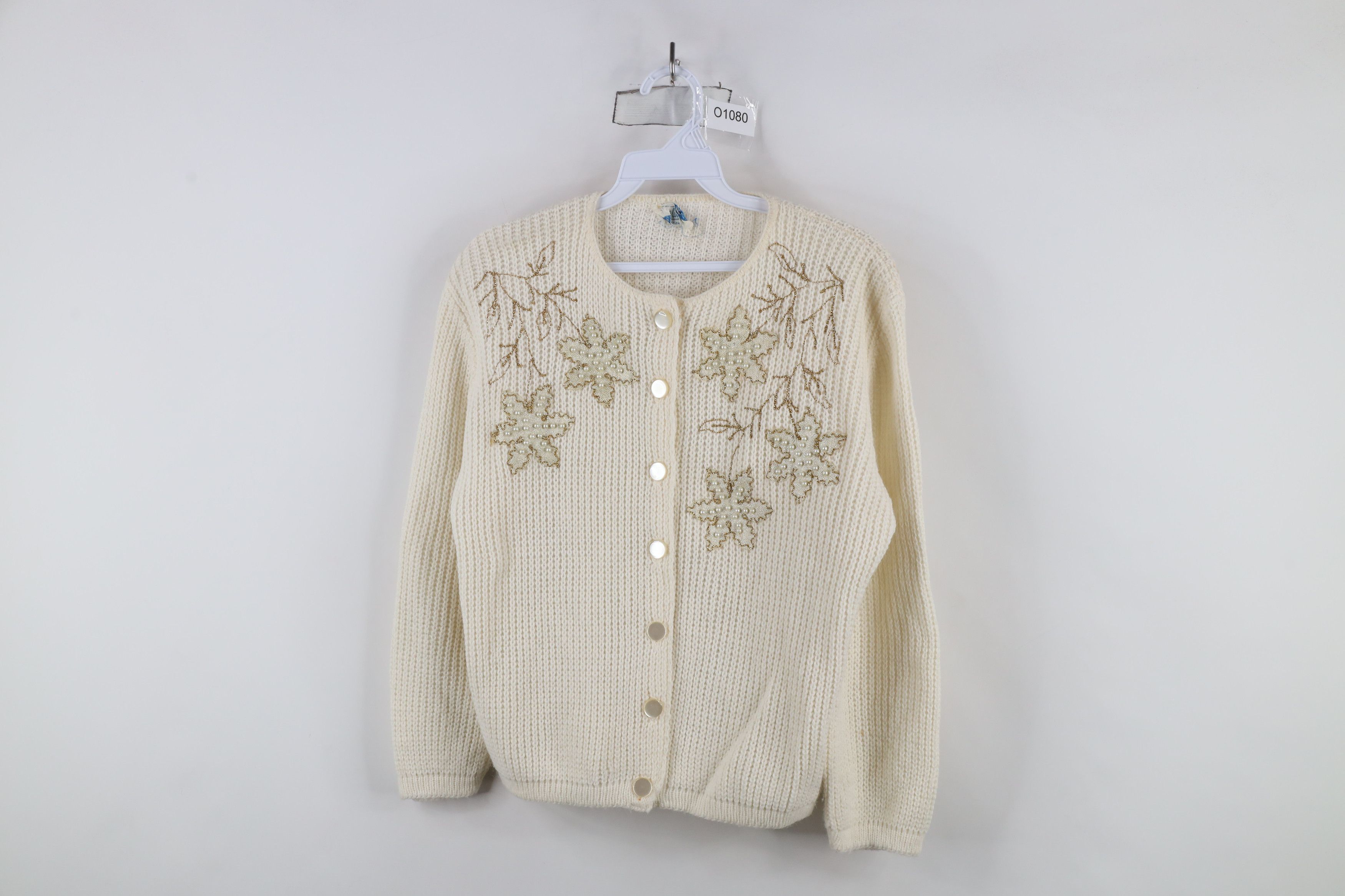 Vintage Vintage 50s 60s Rockabilly Leaf Ribbed Knit Cardigan Sweater Size M / US 6-8 / IT 42-44 - 1 Thumbnail