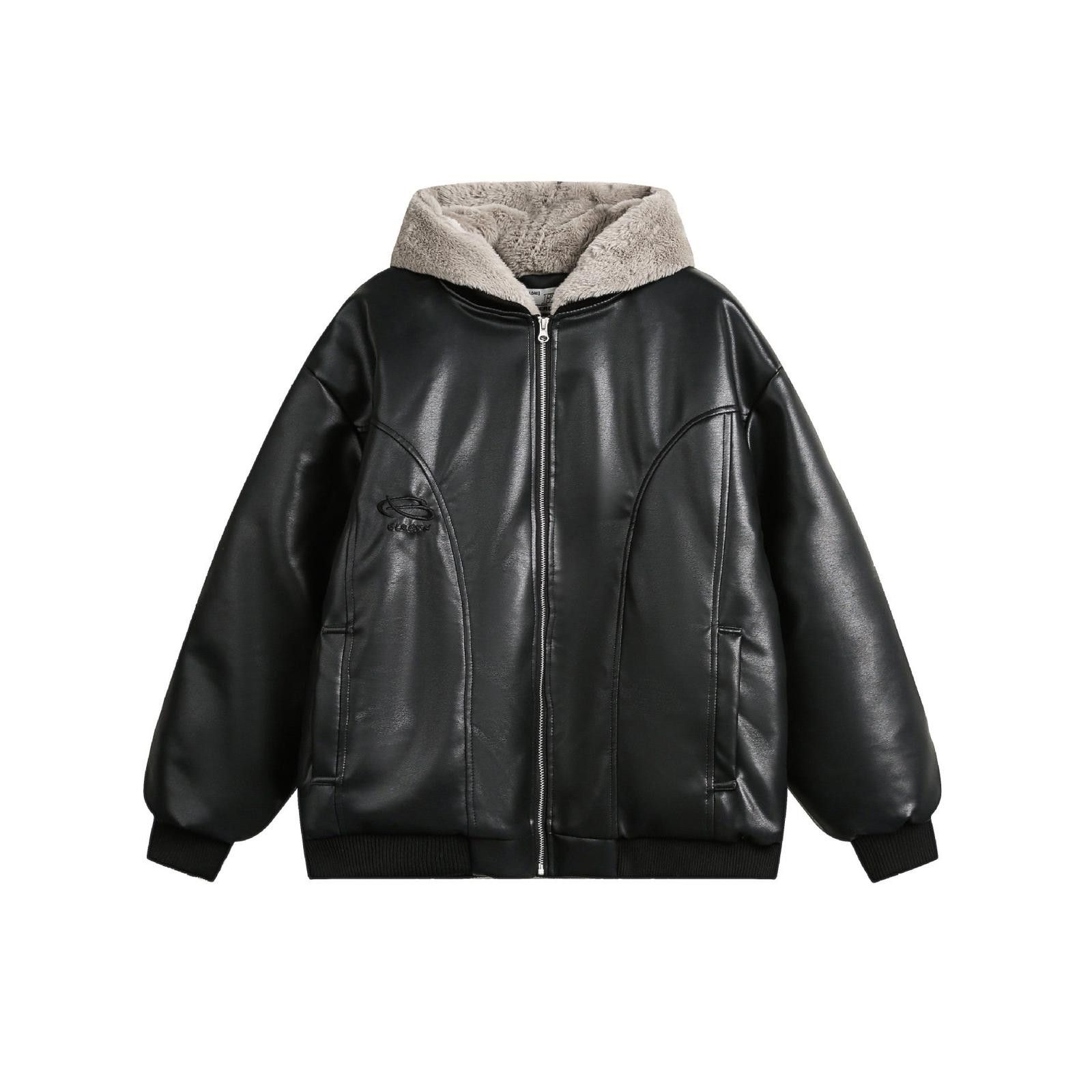 Japanese Brand Black Faux Leather Bomber Jacket with Beige Hoodie Size US M / EU 48-50 / 2 - 5 Thumbnail