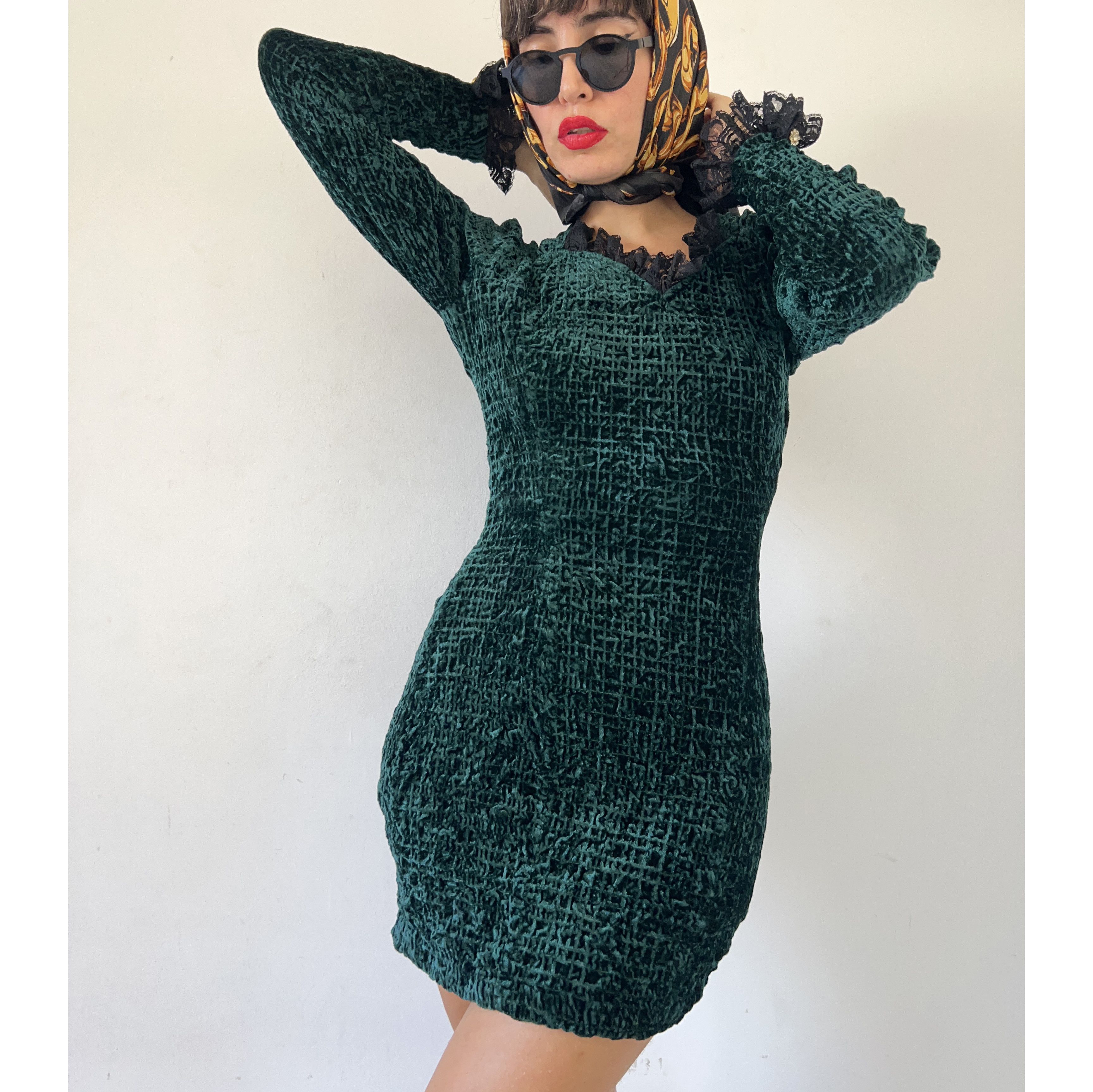 Vintage Vintage Green Crushed Velvet Mini Dress Size M / US 6-8 / IT 42-44 - 9 Thumbnail